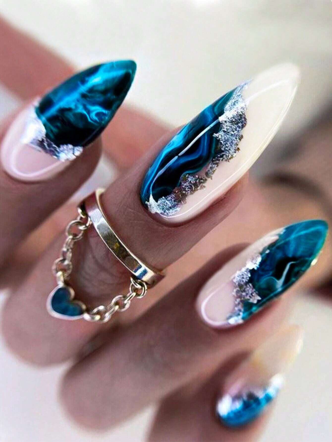 Galaxy Gradient Sparkling Powder Medium Almond Shape False Nails Set(24Pcs)+1Pc Jelly Glue+1Pc Nail File