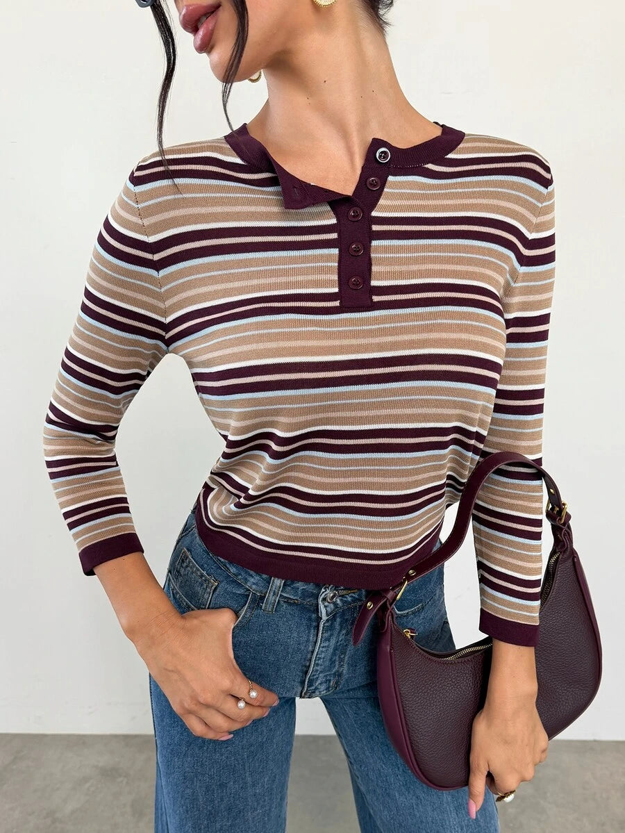 SHEIN Firerie تي شيرت نسائي بأكمام طويلة وتصميم هينلي