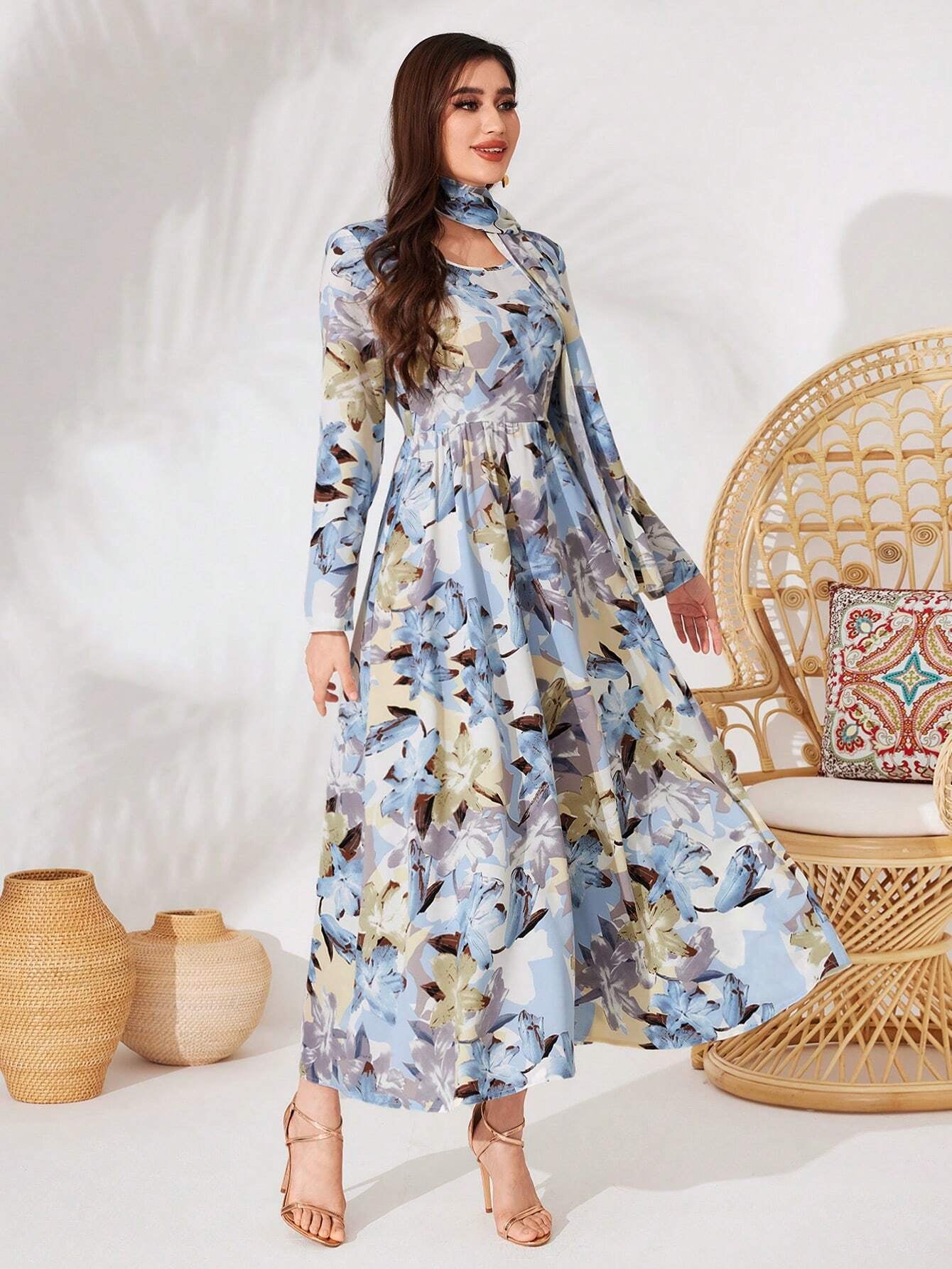 Modely Women'S Floral Print Long Sleeve Dress