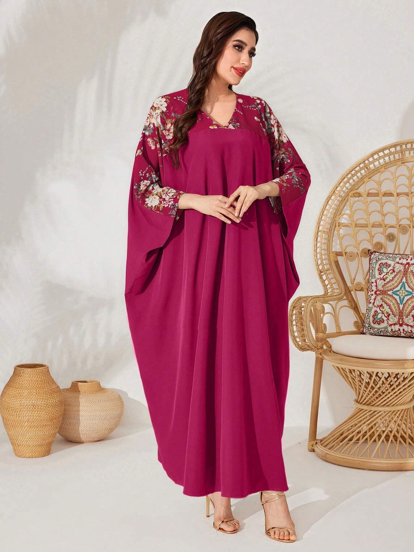 Najma Batwing Sleeve Dress with Plant Pattern Print