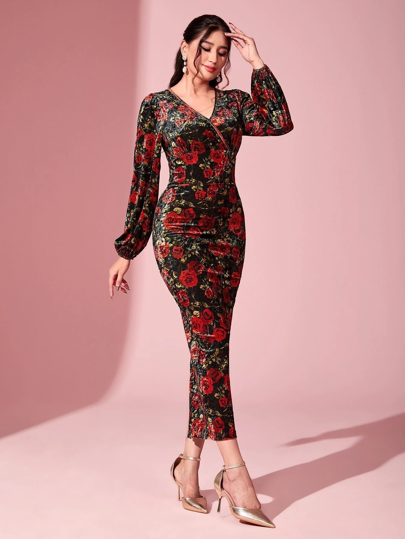 Modely Floral Print Lantern Sleeve Split Back Velvet Dress