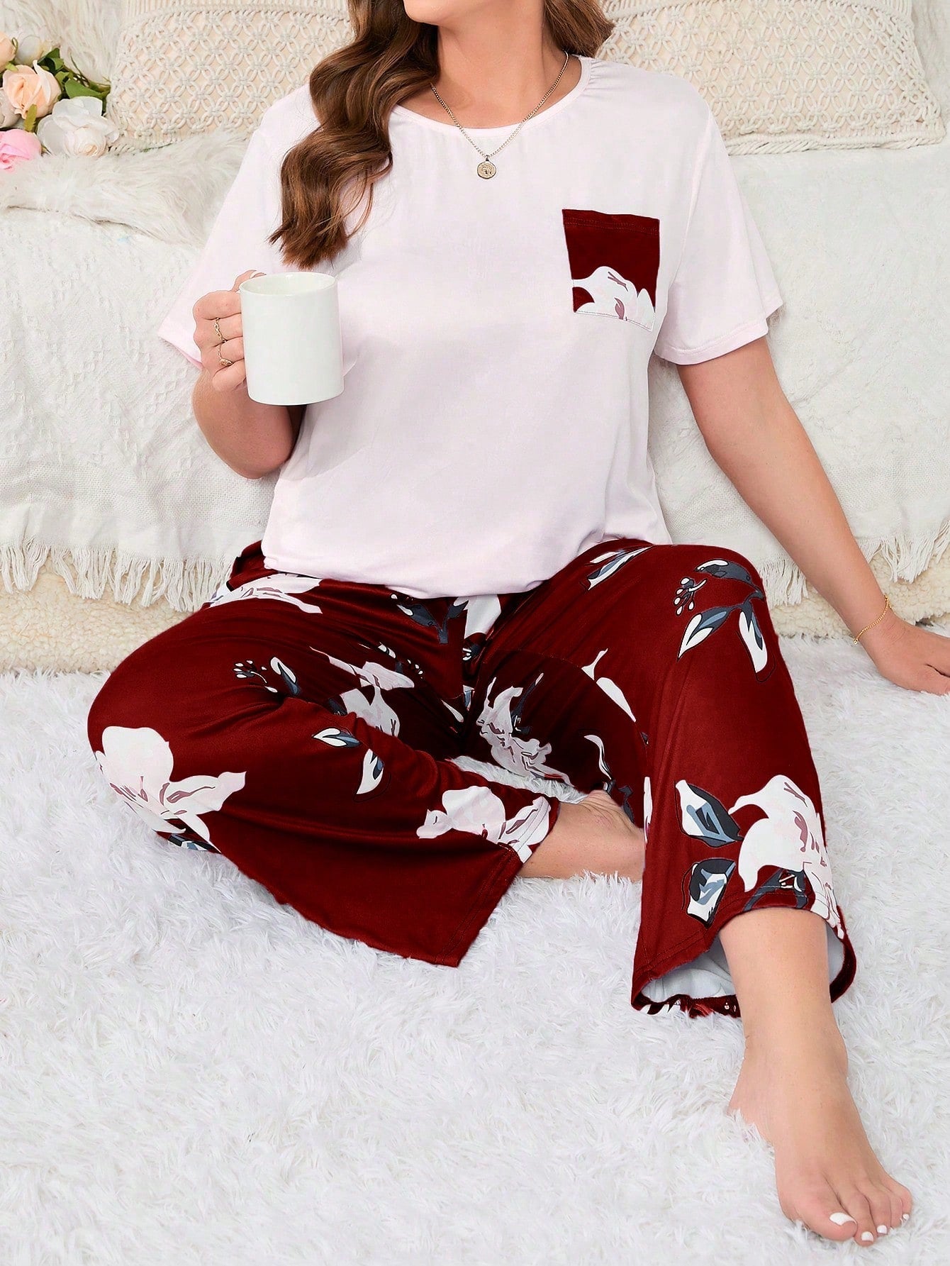 Plus Size Flower Print Pajama Set