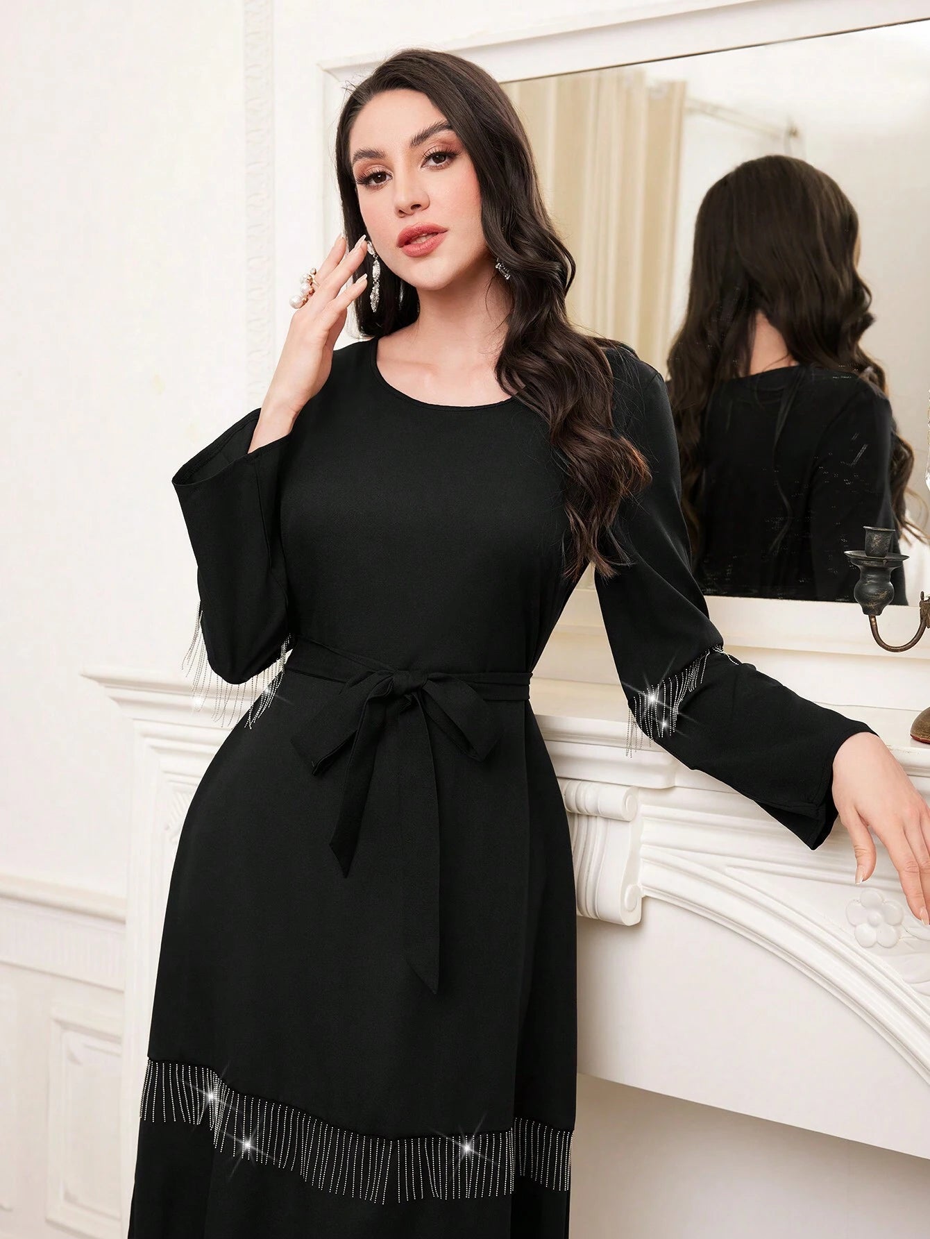 Najma Black round Neck Fringe Decorated Casual Dress