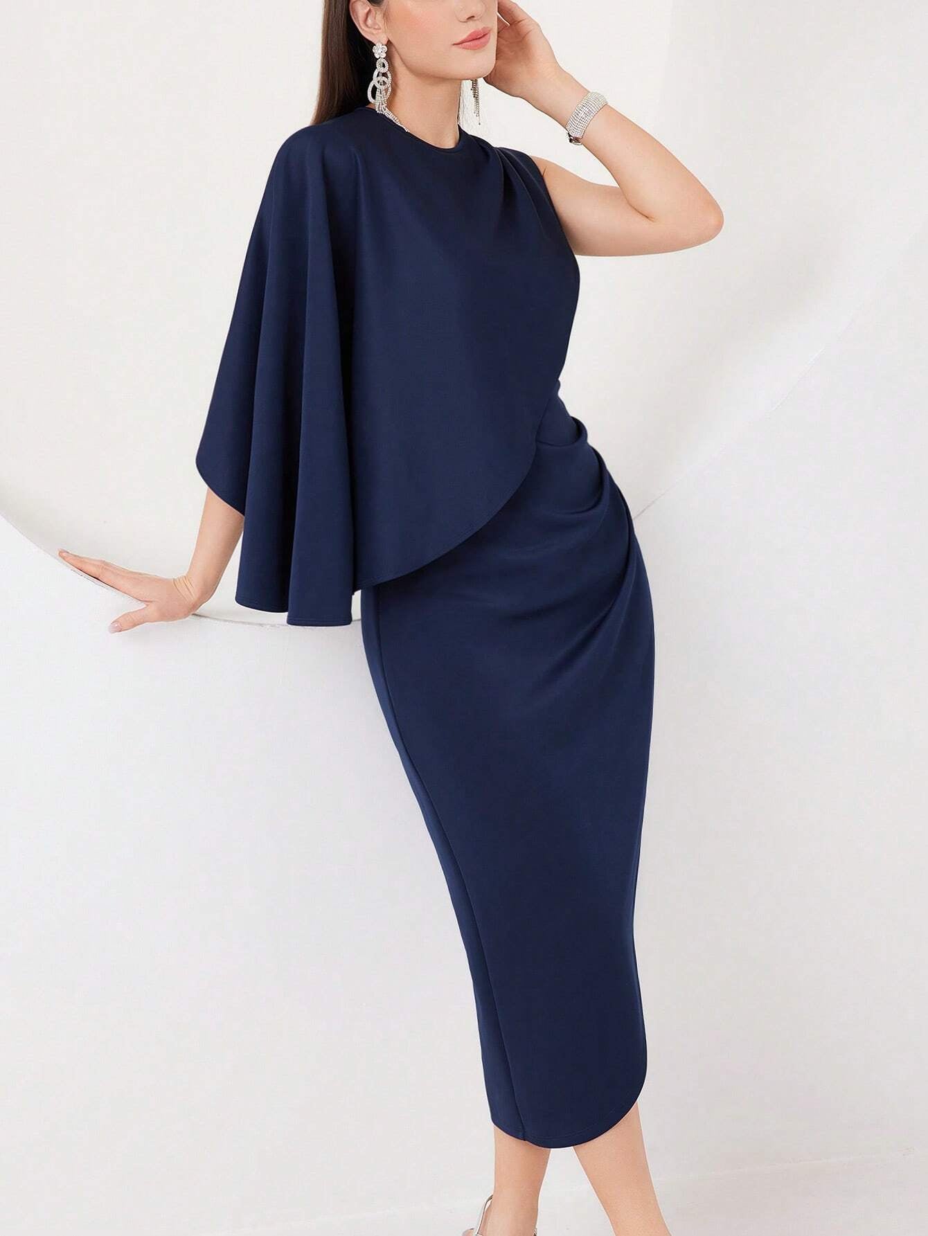 Modely Women'S One Shoulder Cross Design Dress with Asymmetrical Hem