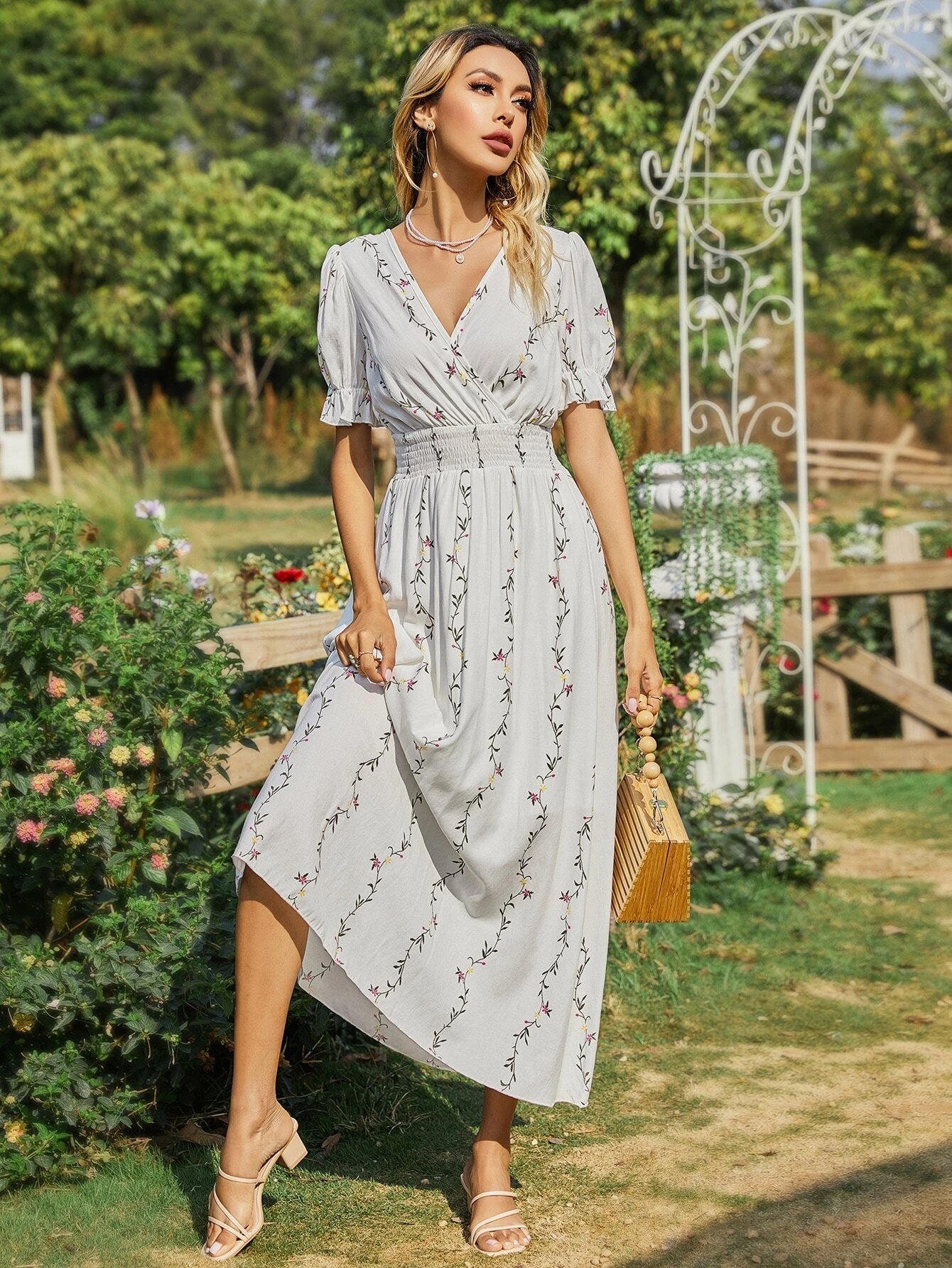Mulvari Plants Print Surplice Front Shirred Waist Dress