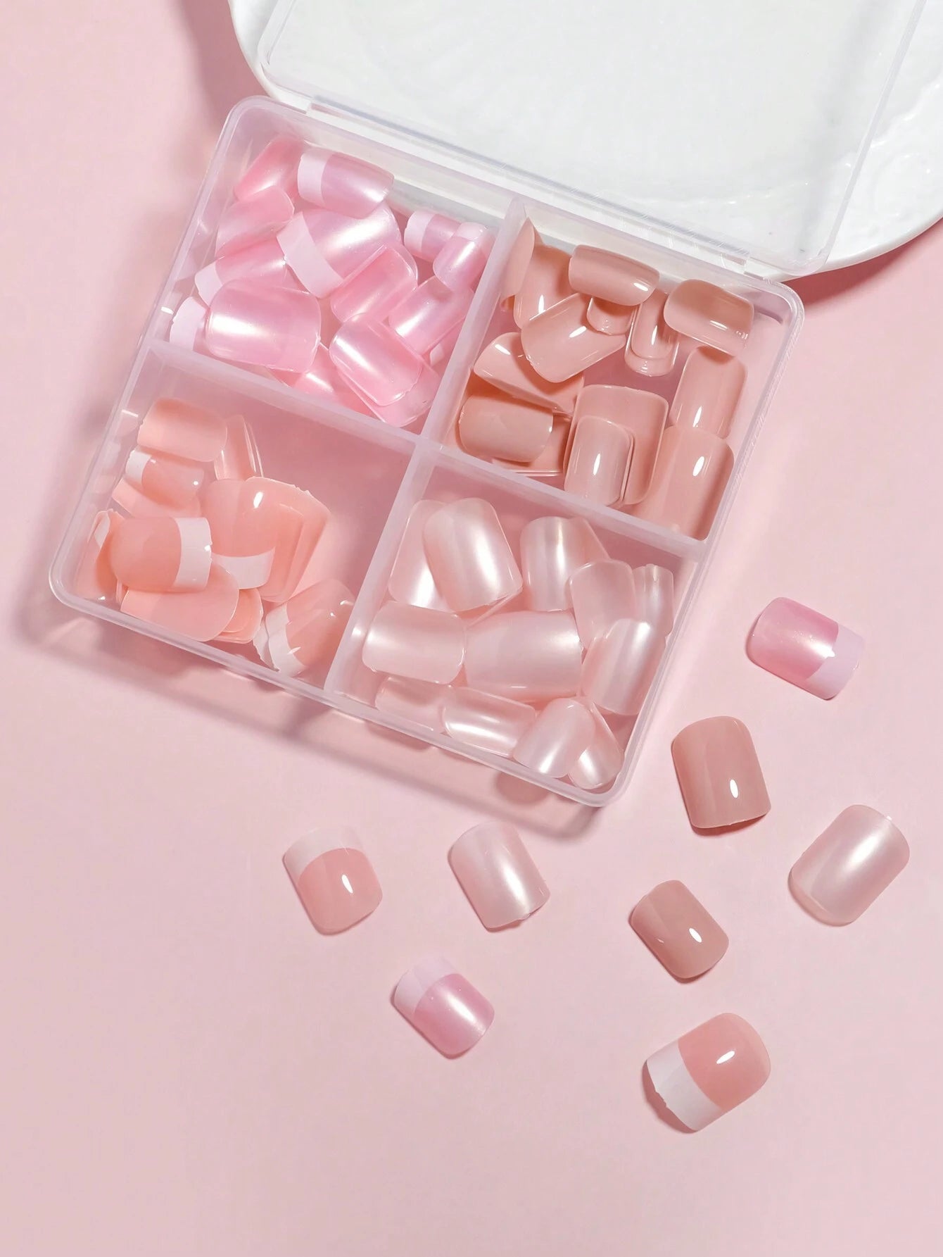96Pcs(4Colors) Short Square Press on Nails Acrylic Short Fake Nails Full Cover Black and White French Designs Shiny Glue on Nails False Nail as Gift for Women and Girls with Storage Box