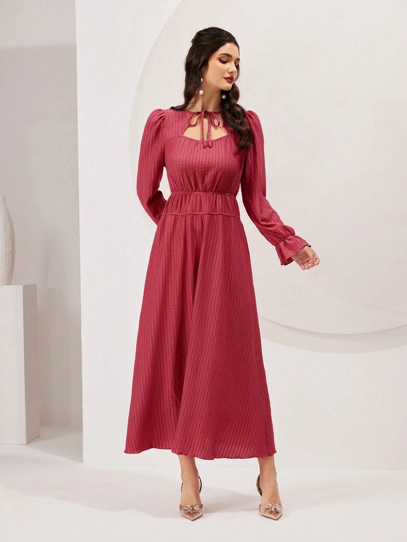 Mulvari Ladies' Solid Color Tie Neck Ruffled Sleeve Dress