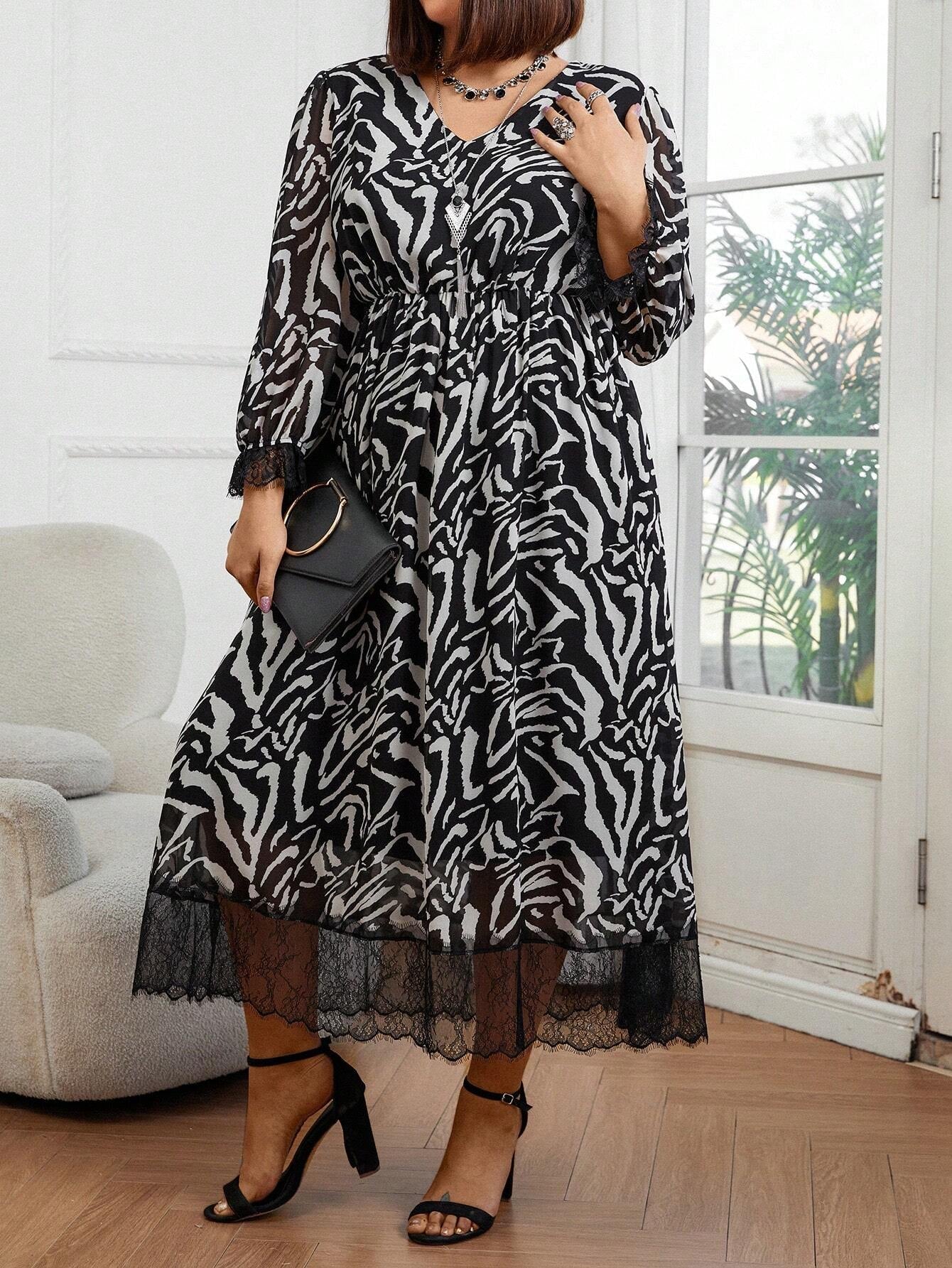 Plus Size Women'S Casual Patchwork Lace Sleeve Cuff Zebra Stripe Dress