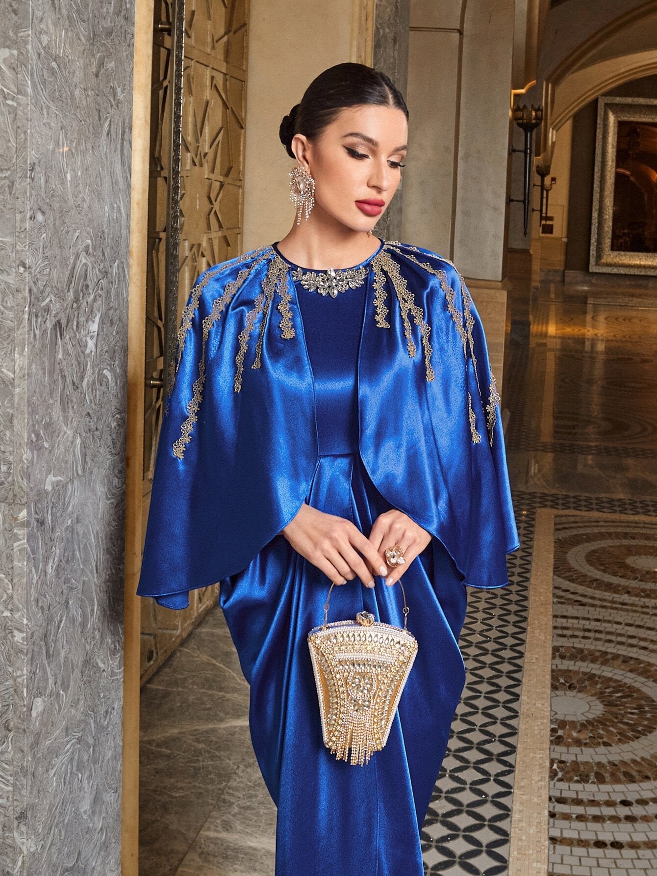 Modely Rhinestone Detail Batwing Sleeve Wrap Hem Dress