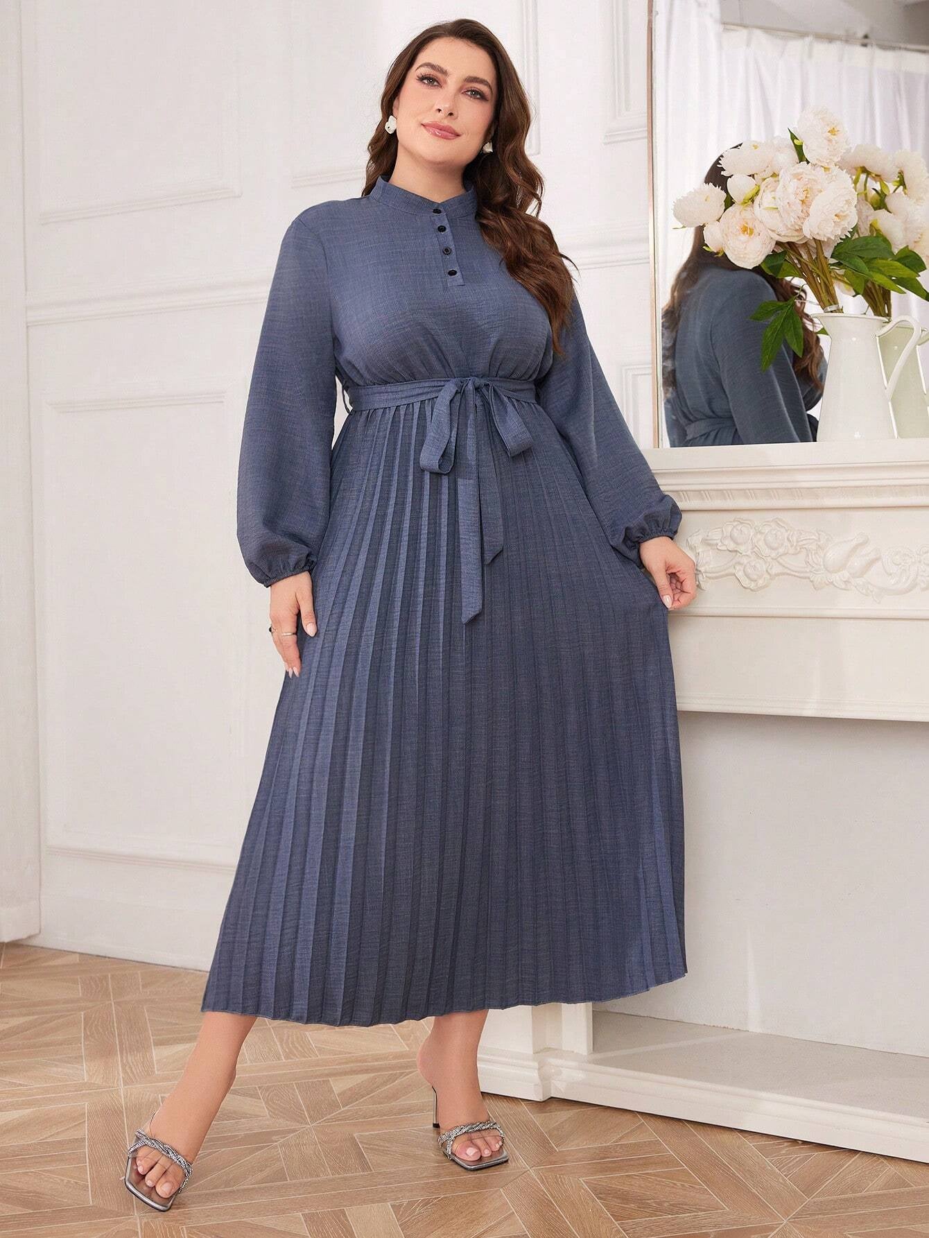 Modely Women'S plus Size Lantern Sleeve Belted Dress