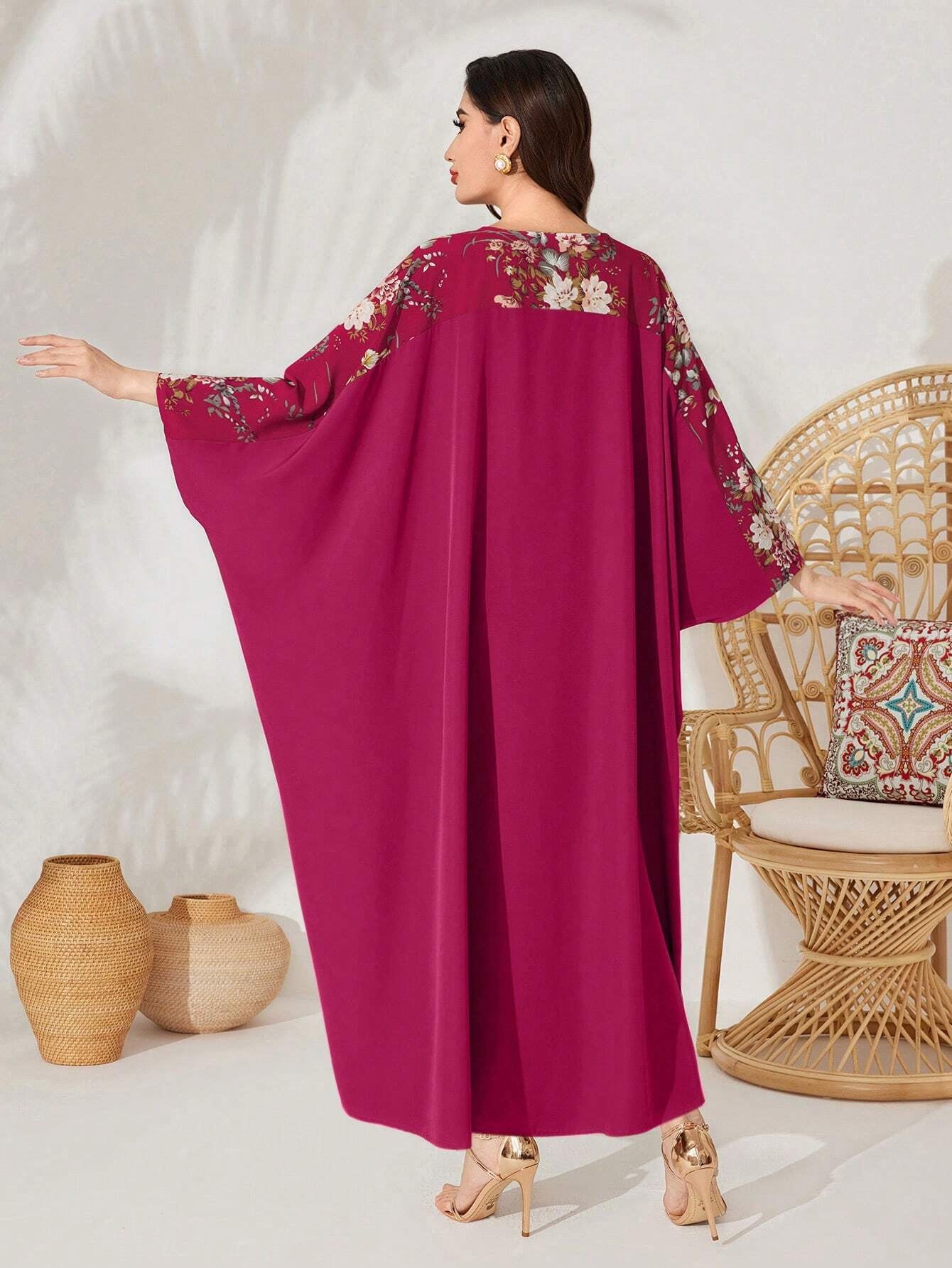 Najma Batwing Sleeve Dress with Plant Pattern Print