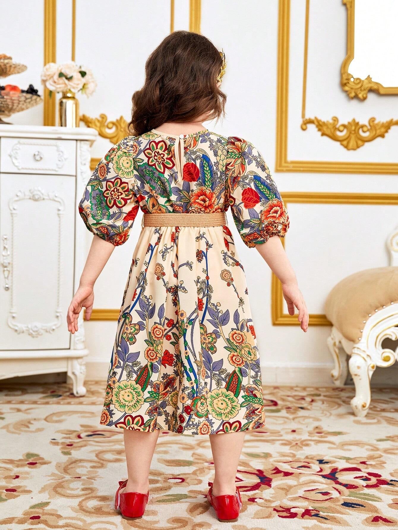 Young Girl Floral Printed V-Neck Puff Sleeve Dress