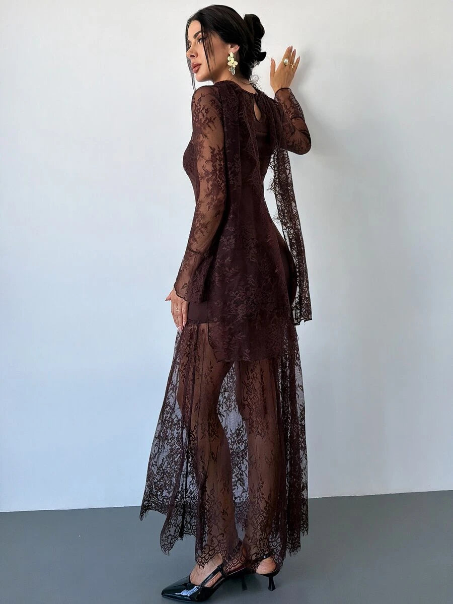 SHEIN Firerie فستان بني بأكمام طويلة وتفاصيل دانتيل وشريط شفاف