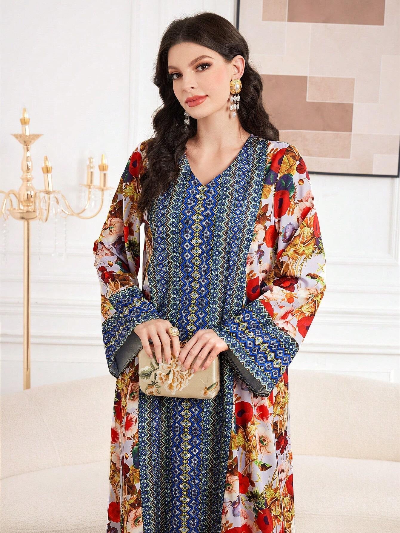 Najma Floral Print V Neck Flounce Sleeve Dress