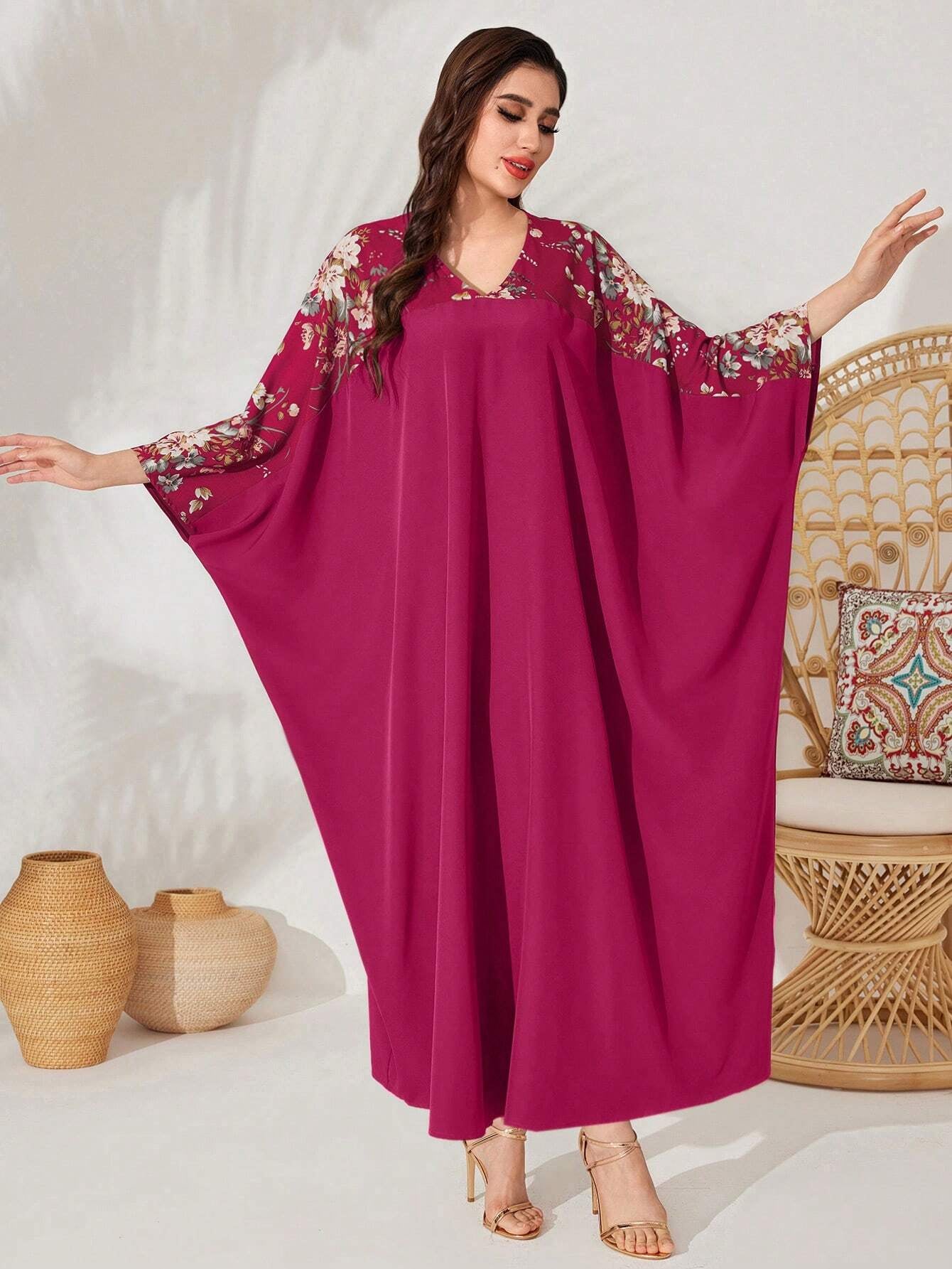Najma Batwing Sleeve Dress with Plant Pattern Print