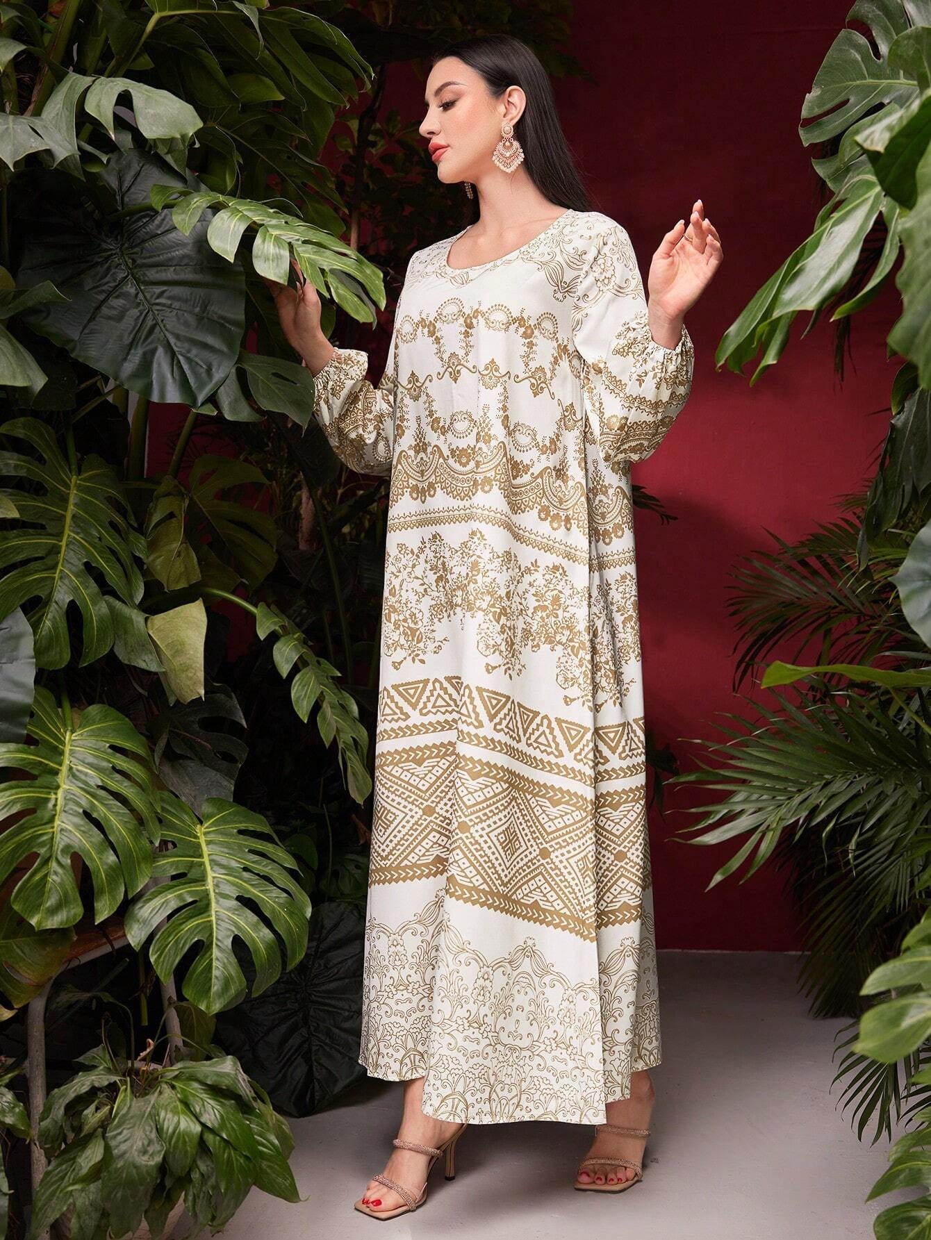 Najma Vintage Women'S Lantern Sleeve Printed Dress
