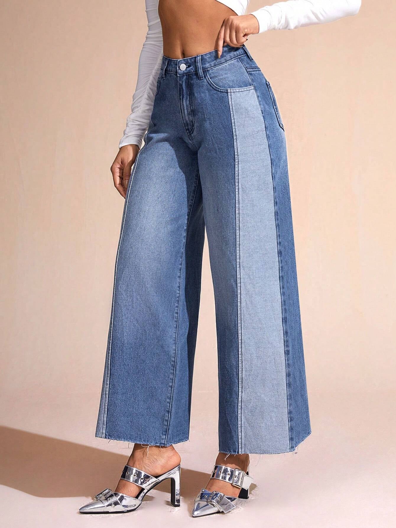 BAE Color Block Wide Leg Casual Denim Pants