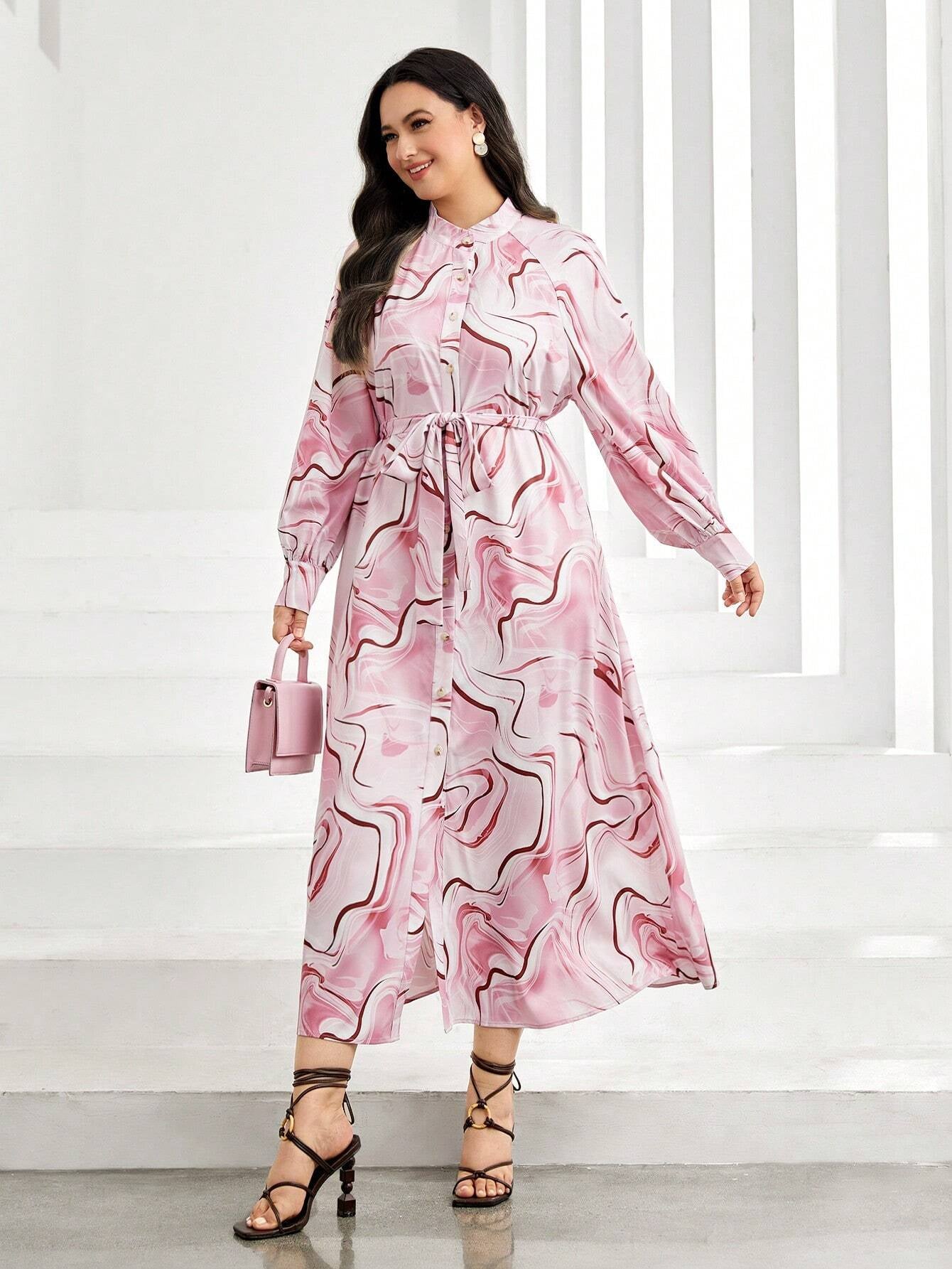Mulvari plus Allover Print Belted Shirt Dress