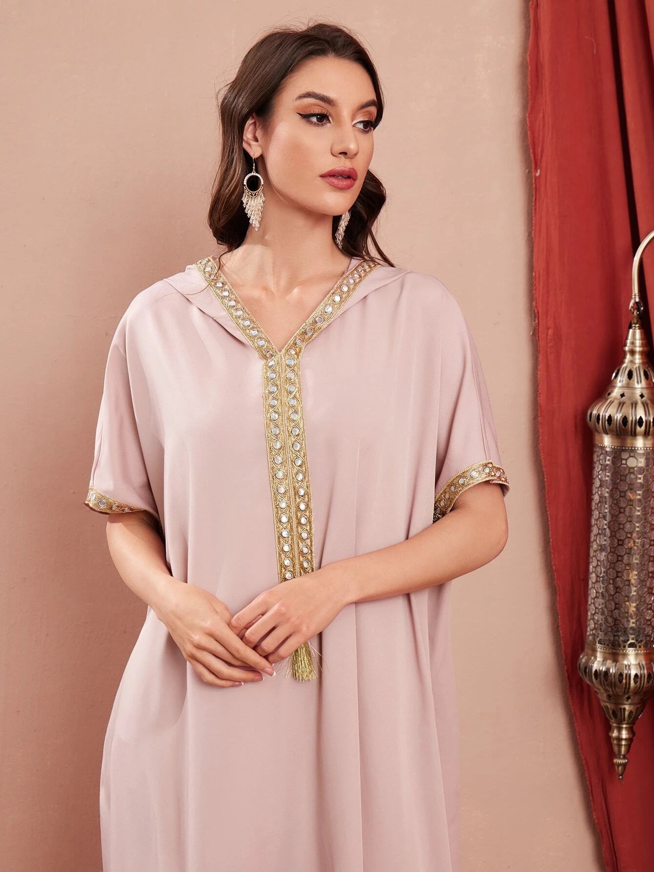 Najma Contrast Embroidered Trim Split Hem Kaftan
