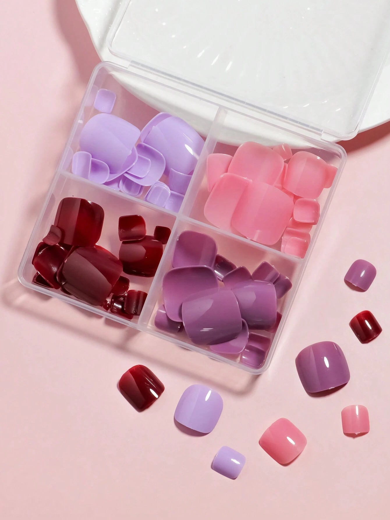 96Pcs(Black/White/Red/Light Pink) Short Square Press on Toenails Designed Press on Toenails Full Cover, 4 Glossy False Toenails for Feet, French Design Fake Toenails for Summer Nail Art Set for Women and Girls with Re-Usable Storage Box
