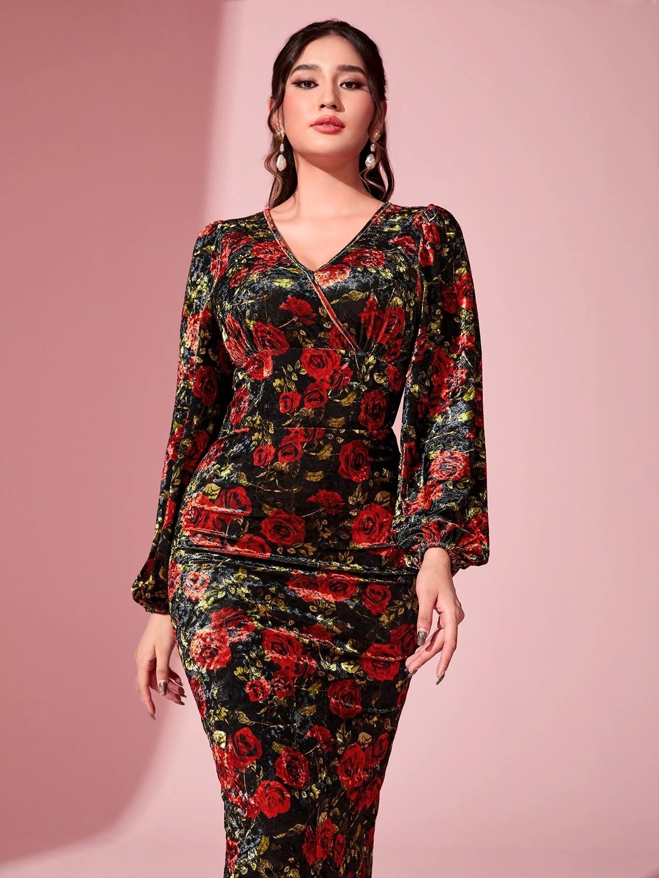 Modely Floral Print Lantern Sleeve Split Back Velvet Dress