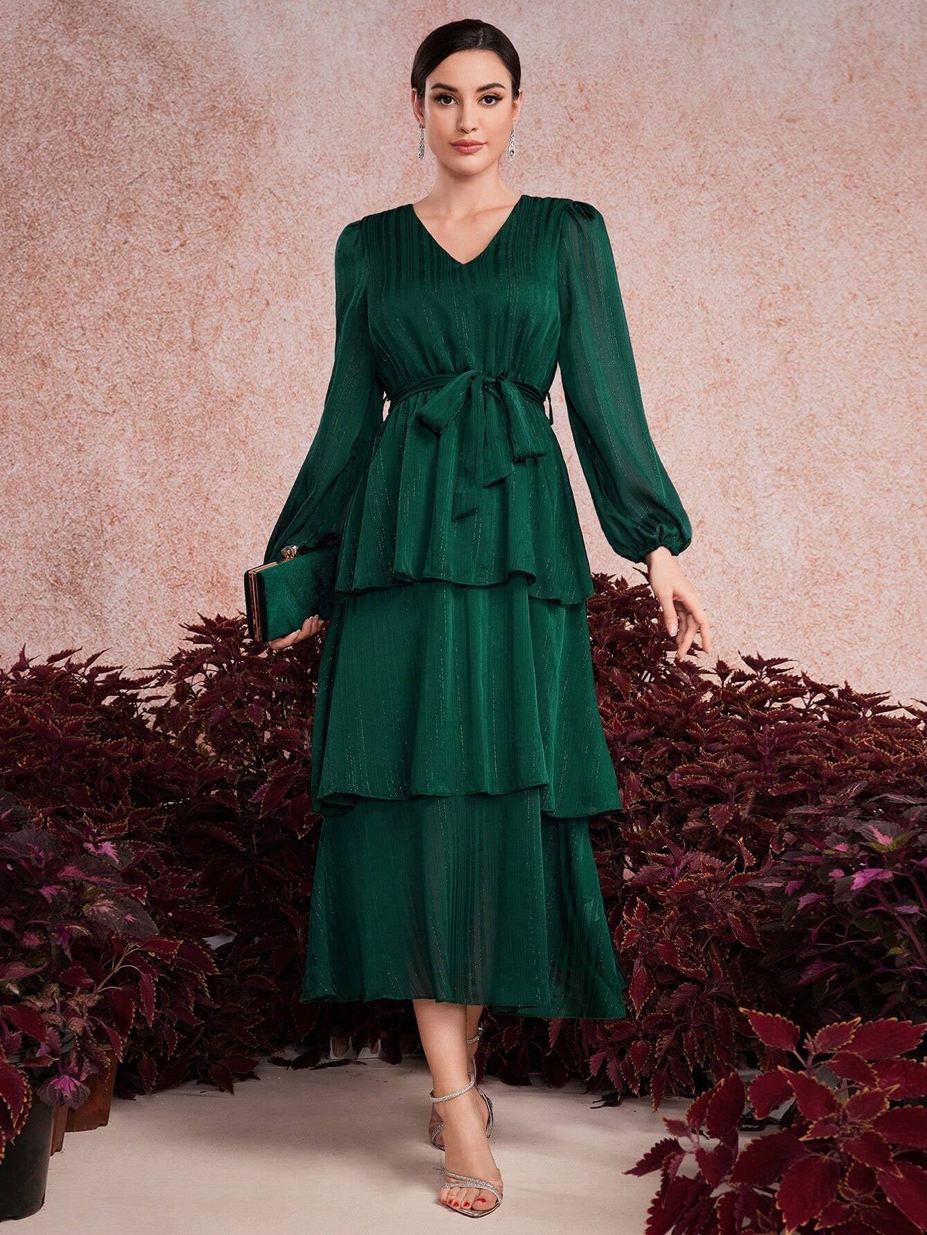Modely Ladies' Solid Color V-Neck Lantern Sleeve Dress