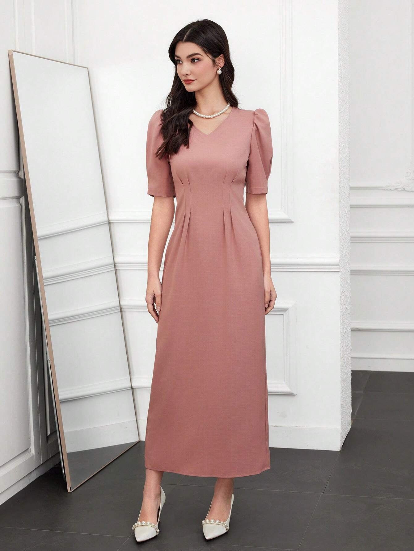 Modely V-Neck Puff Sleeve Dress