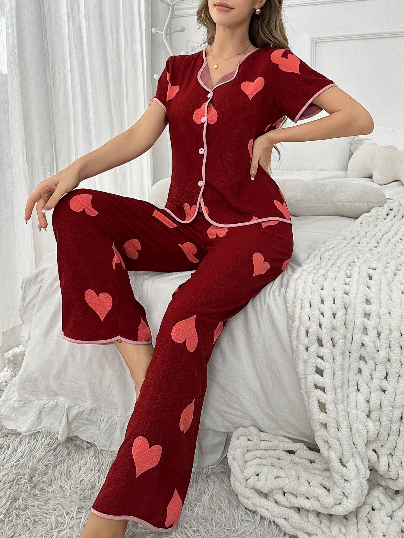 Heart Print Contrast Trim Short Sleeve Top and Long Pants Pajama Set
