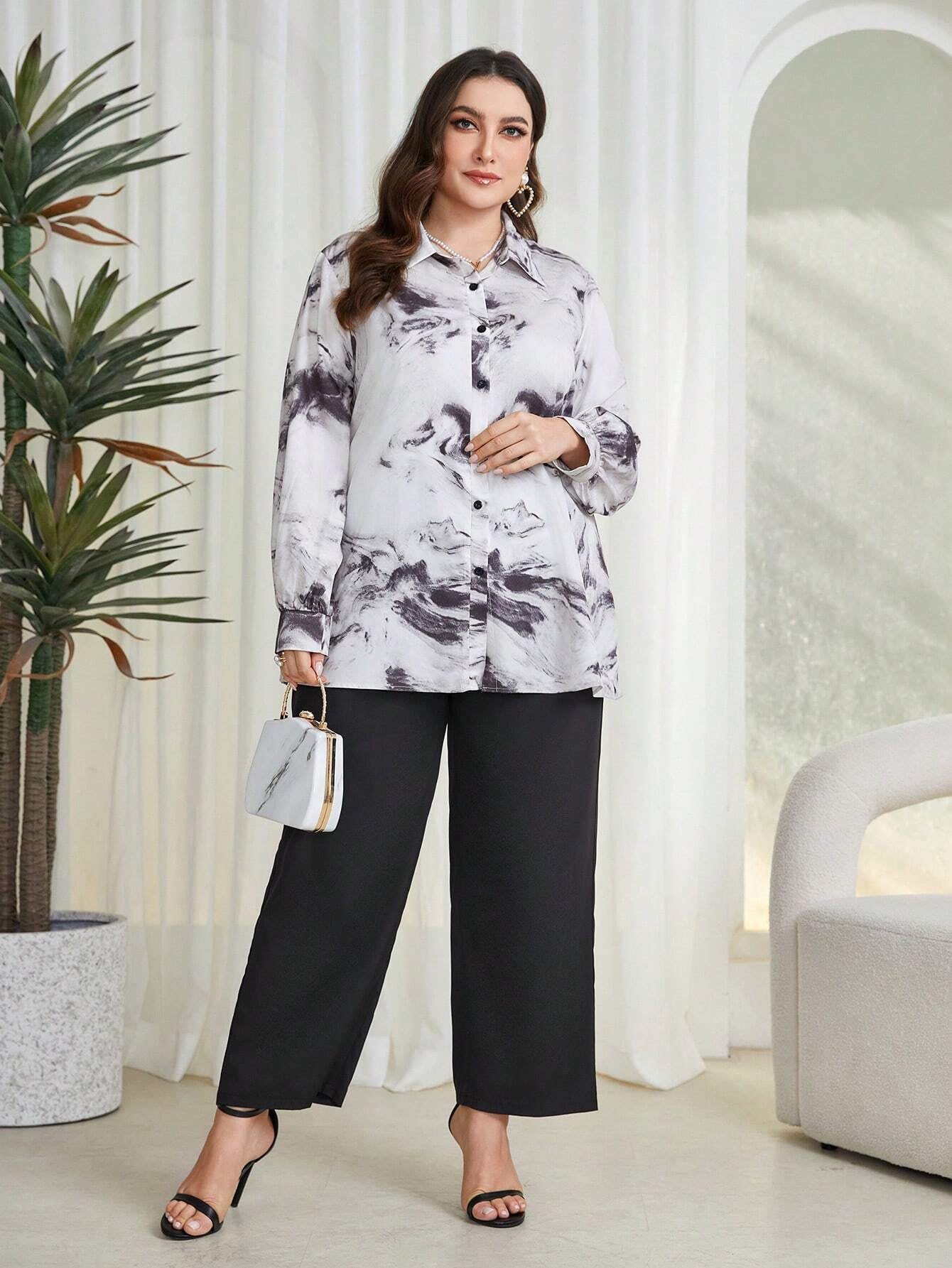 Mulvari plus Size Women'S Tie Dye Turn down Collar Shirt and Long Pants Two Piece Set