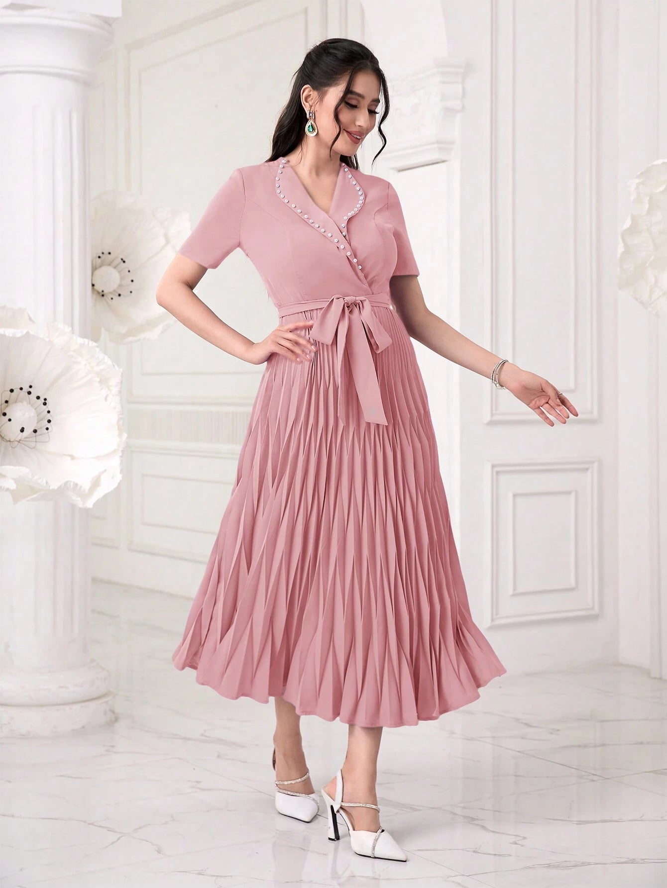 Modely Pearls Beaded Detail Belted Pleated Hem Dress