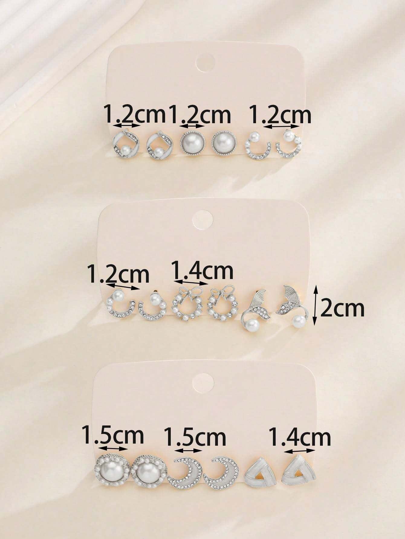 9Pairs/Set Fashionable Zinc Alloy Rhinestone Moon & Faux Pearl Decor Stud Earrings for Women for Daily Decoration