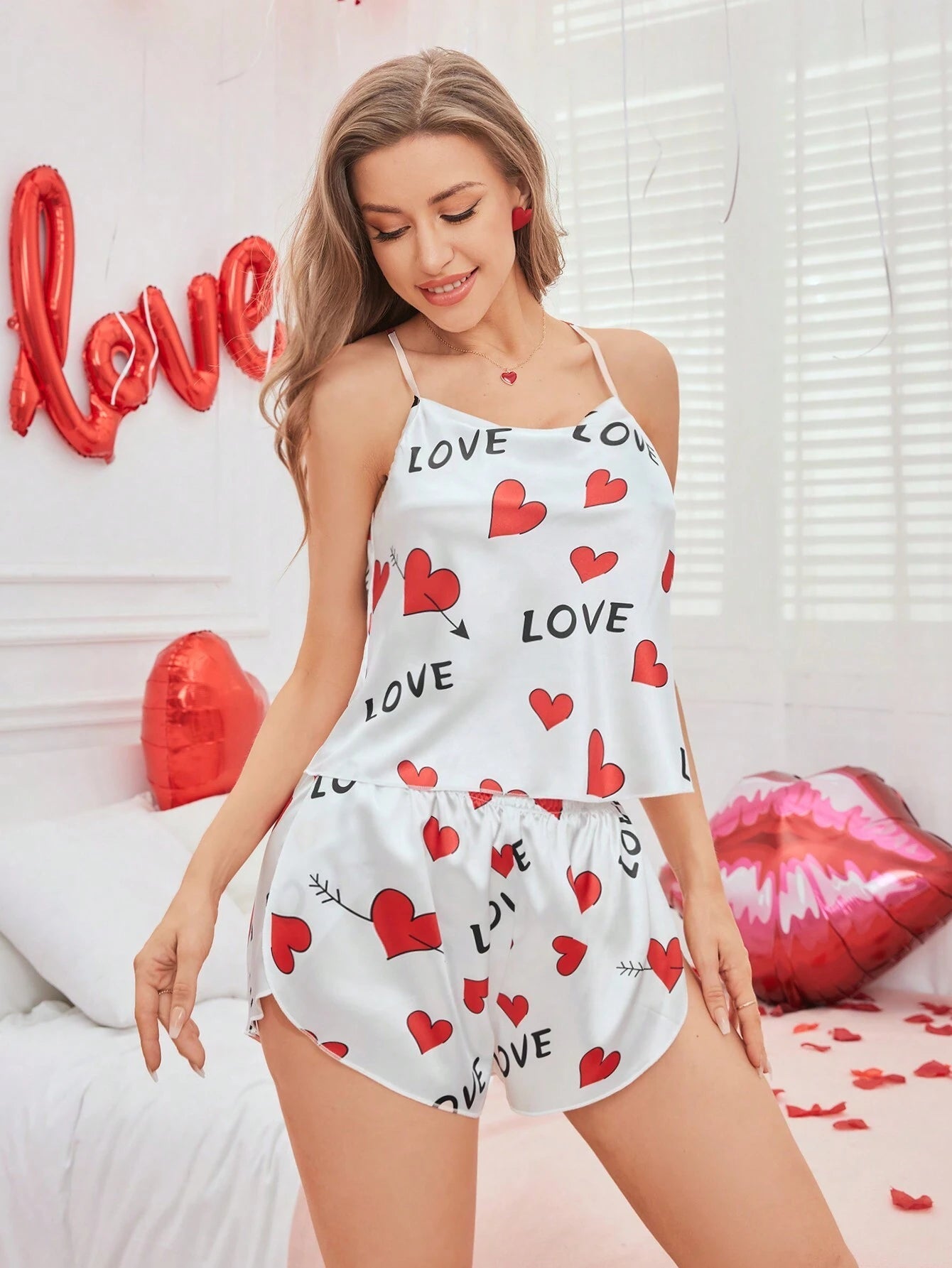 Women'S Heart & Letter Print Cami Top and Shorts Pajama Set