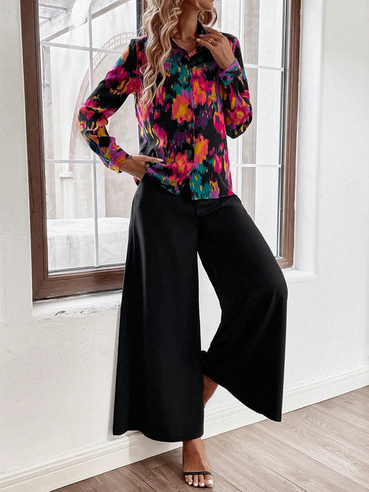 Frenchy Allover Print Shirt & Wide Leg Pants