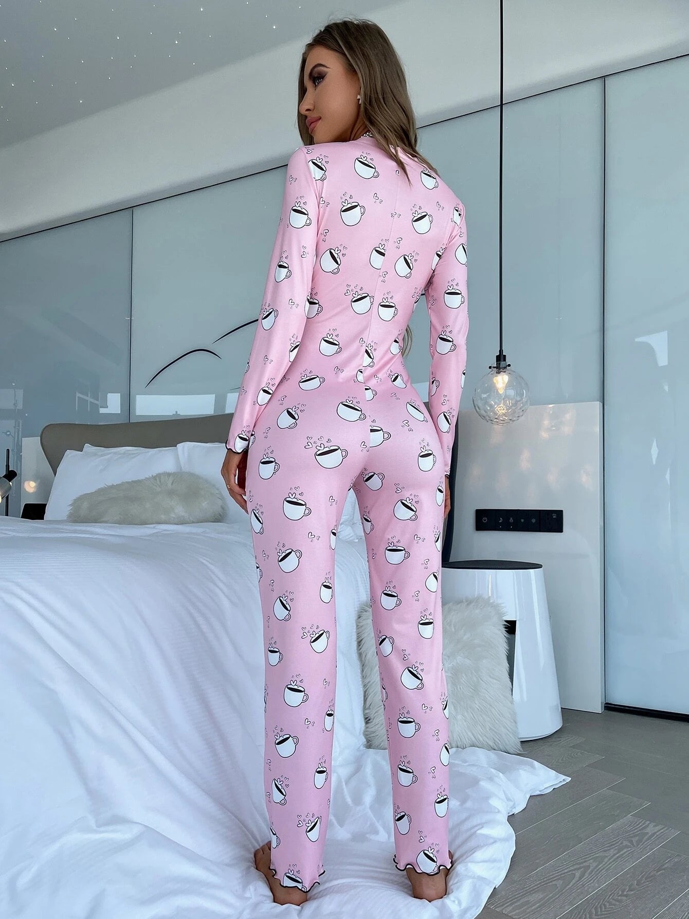 Koala & Heart Print Half Button Lettuce Trim Sleep Jumpsuit
