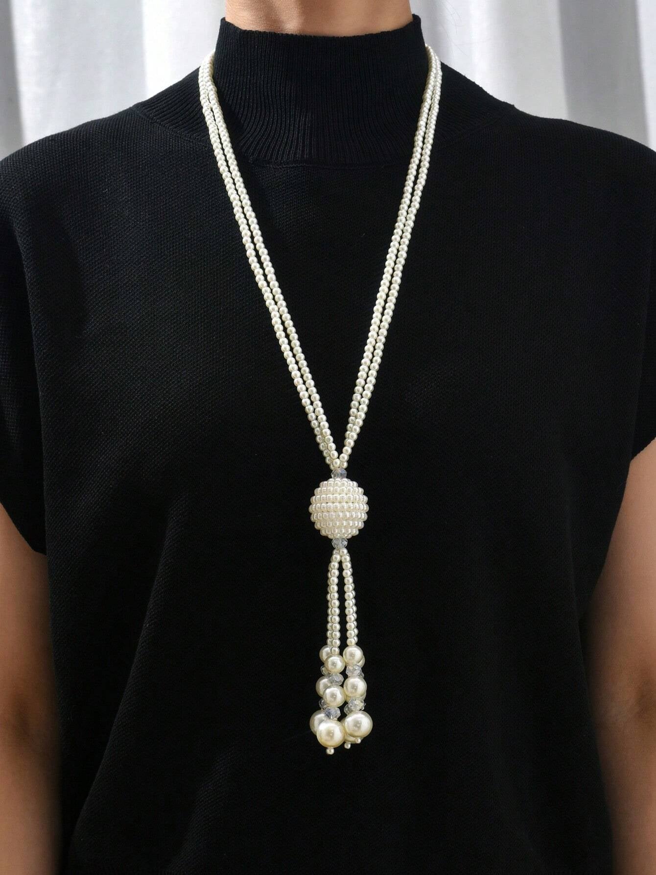 1Pc Fashionable Faux Pearl Tassel Pendant Long Necklace/Sweater Chain for Women