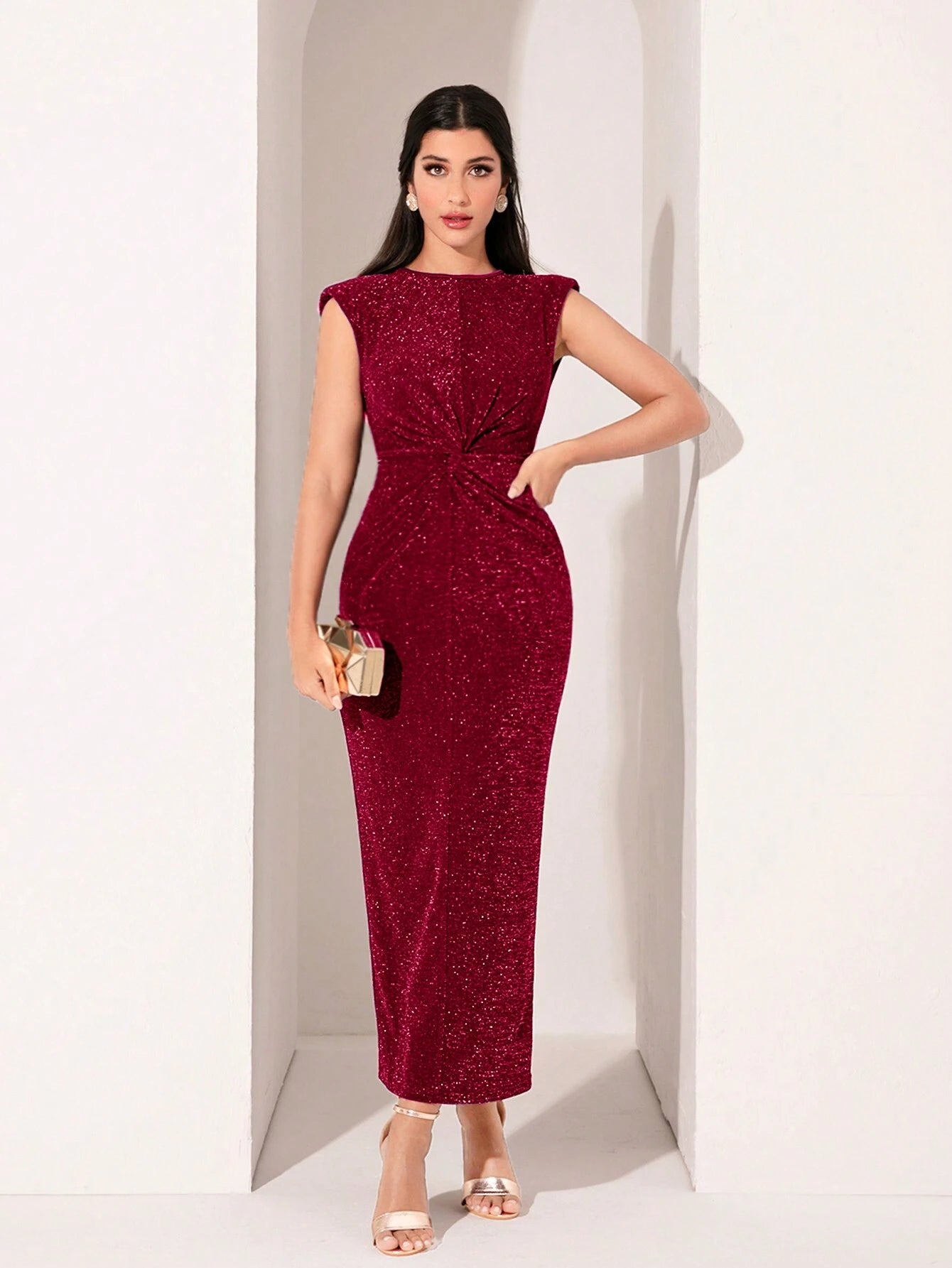 Modely Shoulder Pad Twist Front Glitter Dress
