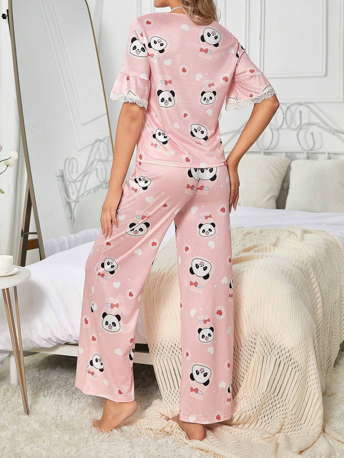 Women'S Cartoon Panda Print Lace Splice Pajama Set