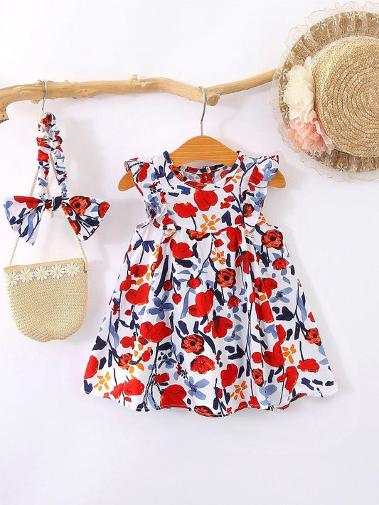 Baby Girl'S Full Print Floral Dress with Ruffled Hem and Headband