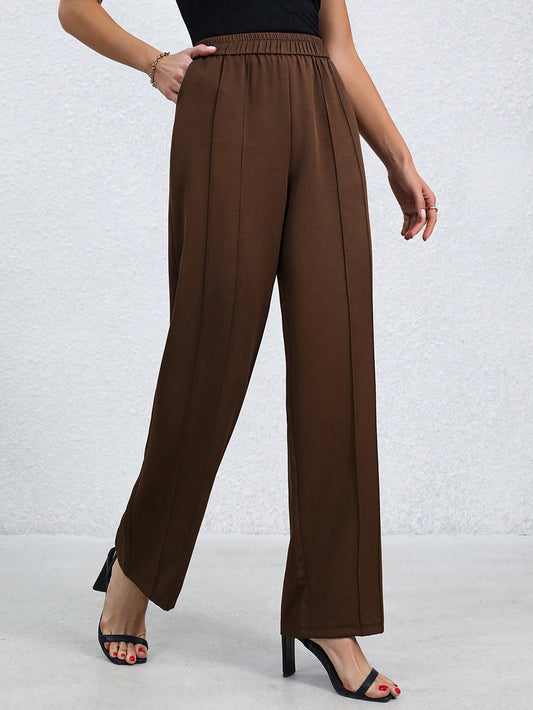 Privé Ladies' Solid Color Elastic Waist Pocketed Long Pants