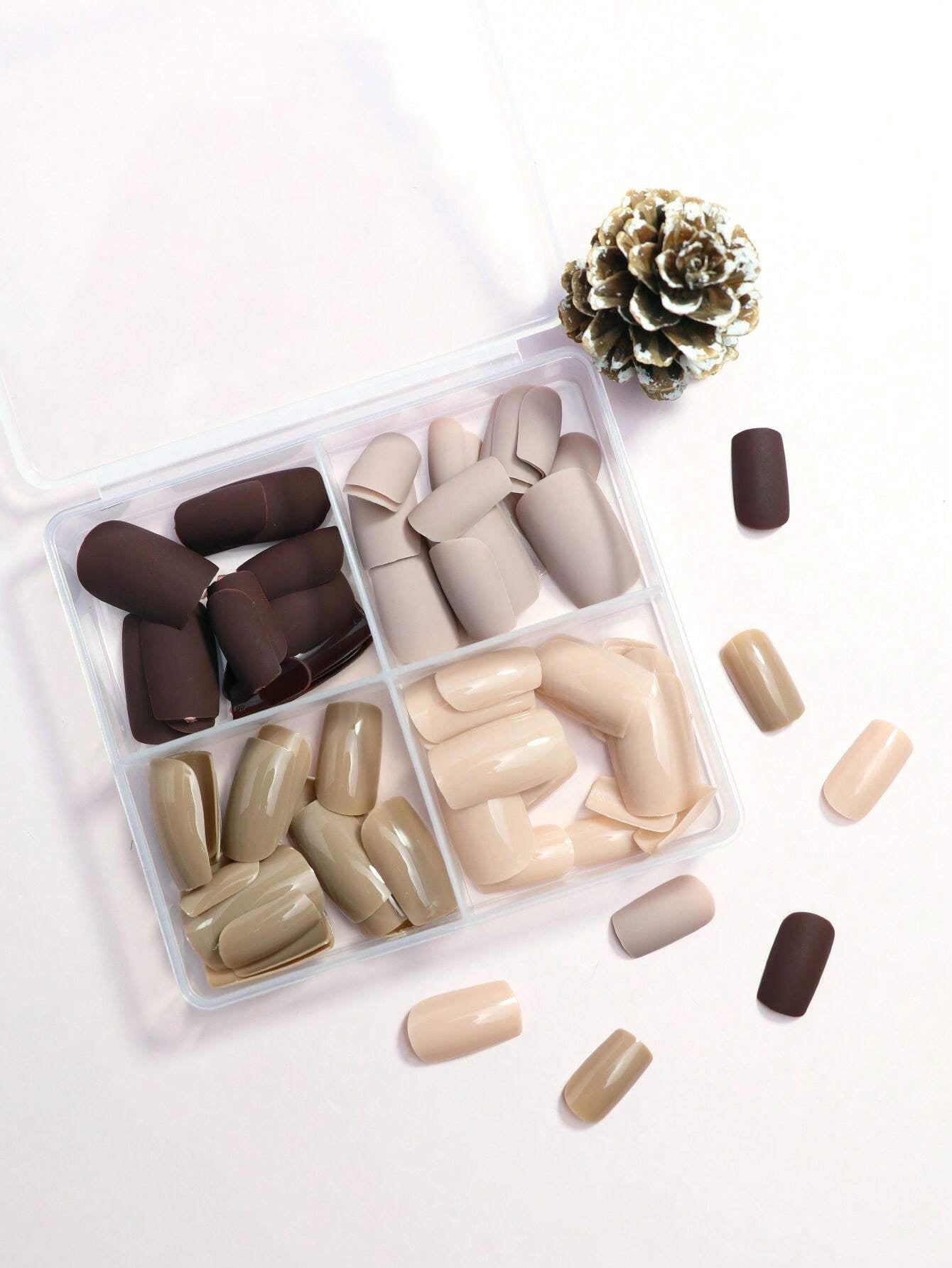 96Pcs (Matte Dark Brown/Matte Nude/Shiny Nude/Shiny Light Nude) DIY Colors Combined Gradient Design Natural Looking Press on Nails Short Fake Nails Square Nails Set with Storage Box as Gift for Women and Girls