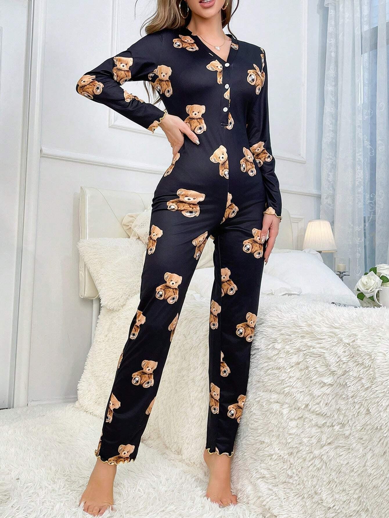 Bear Print Lettuce Trim Button Front Sleep Jumpsuit
