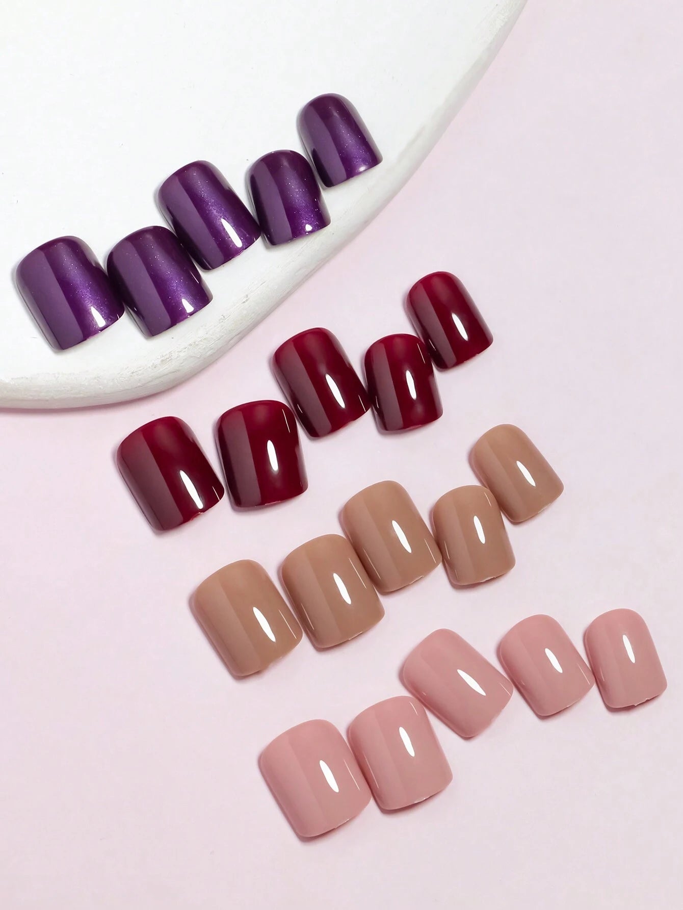 4 Colors (96 Pcs) Square Shape Press Nails Medium Size False Nails Brown Series Fake Nails Acrylic Faux Gloss Design Nails Full Coverage Nails for Women and Girls as Gifts