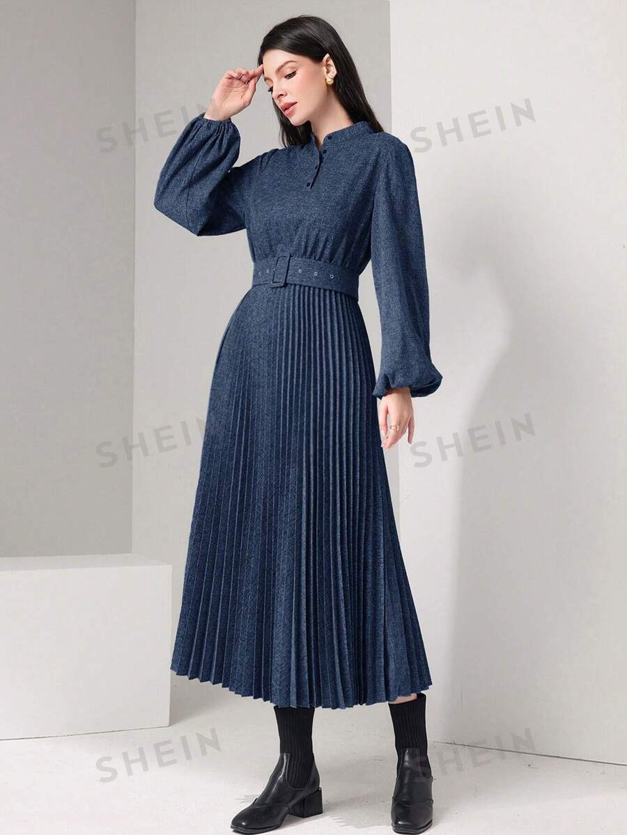 SHEIN Mulvari فستان نسائي بطيات وأكمام واسعة وأزرار
