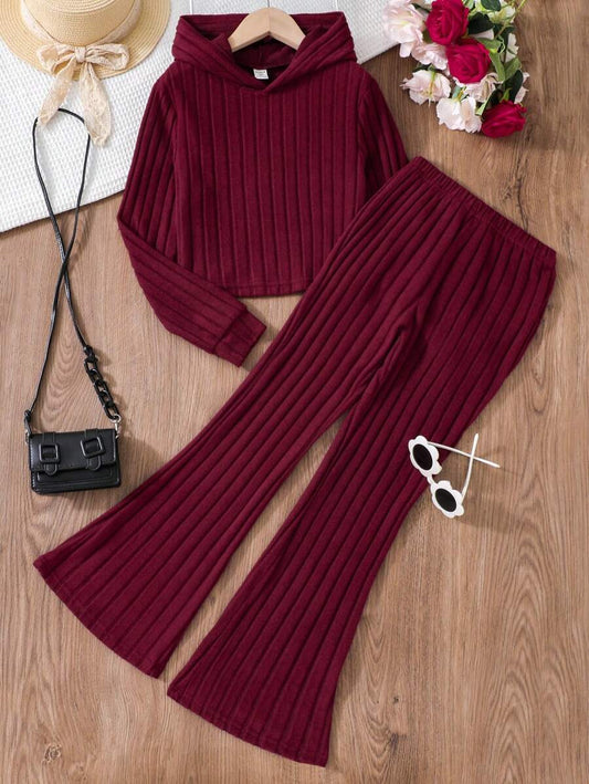 SHEIN مجموعة بيجاما مراهقة بناتية مكونة من جاكيت هودي بأكمام طويلة باللون الصلب وبنطلون بأسفل مزين بجرس لفصلي الربيع/الخريف