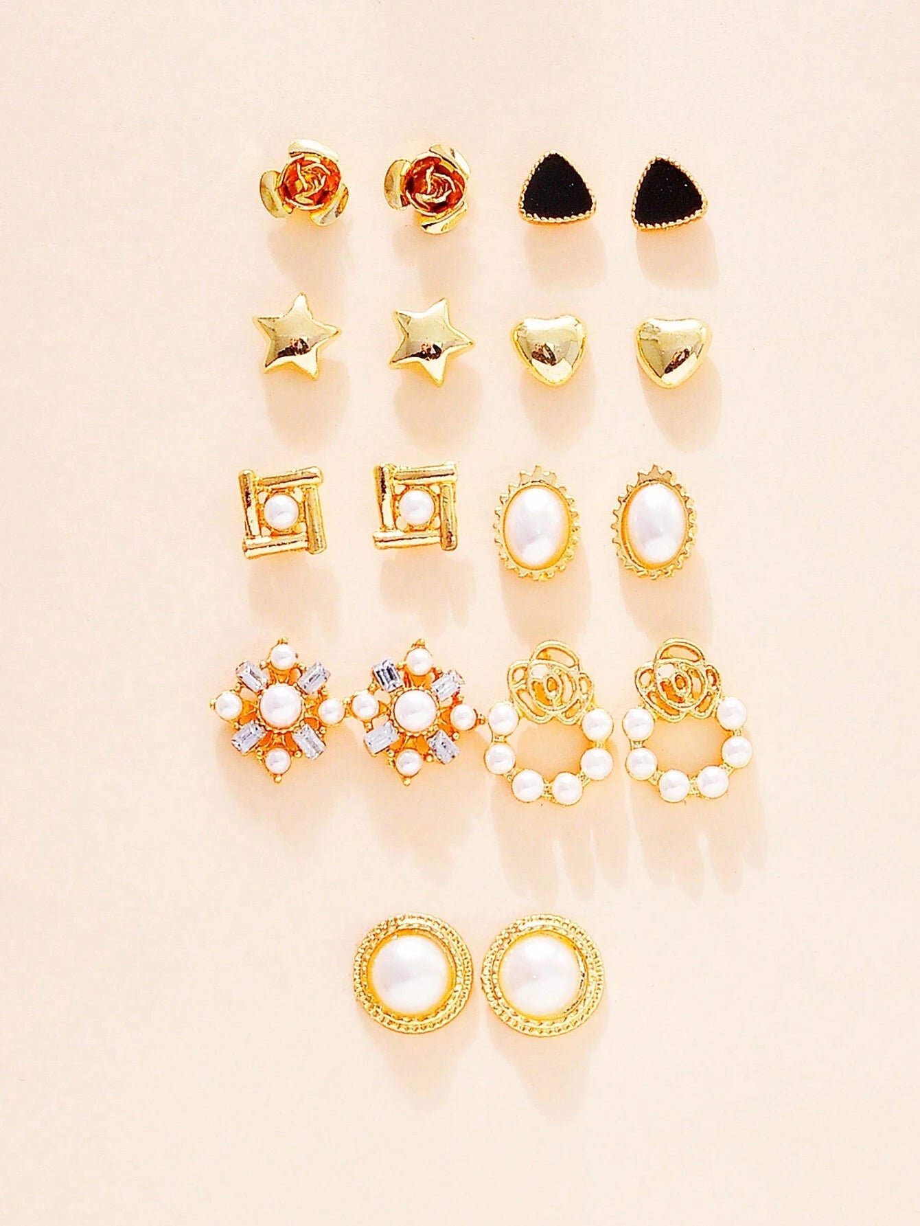 9Pairs/Set Rhinestone & Flower Decor Stud Earrings