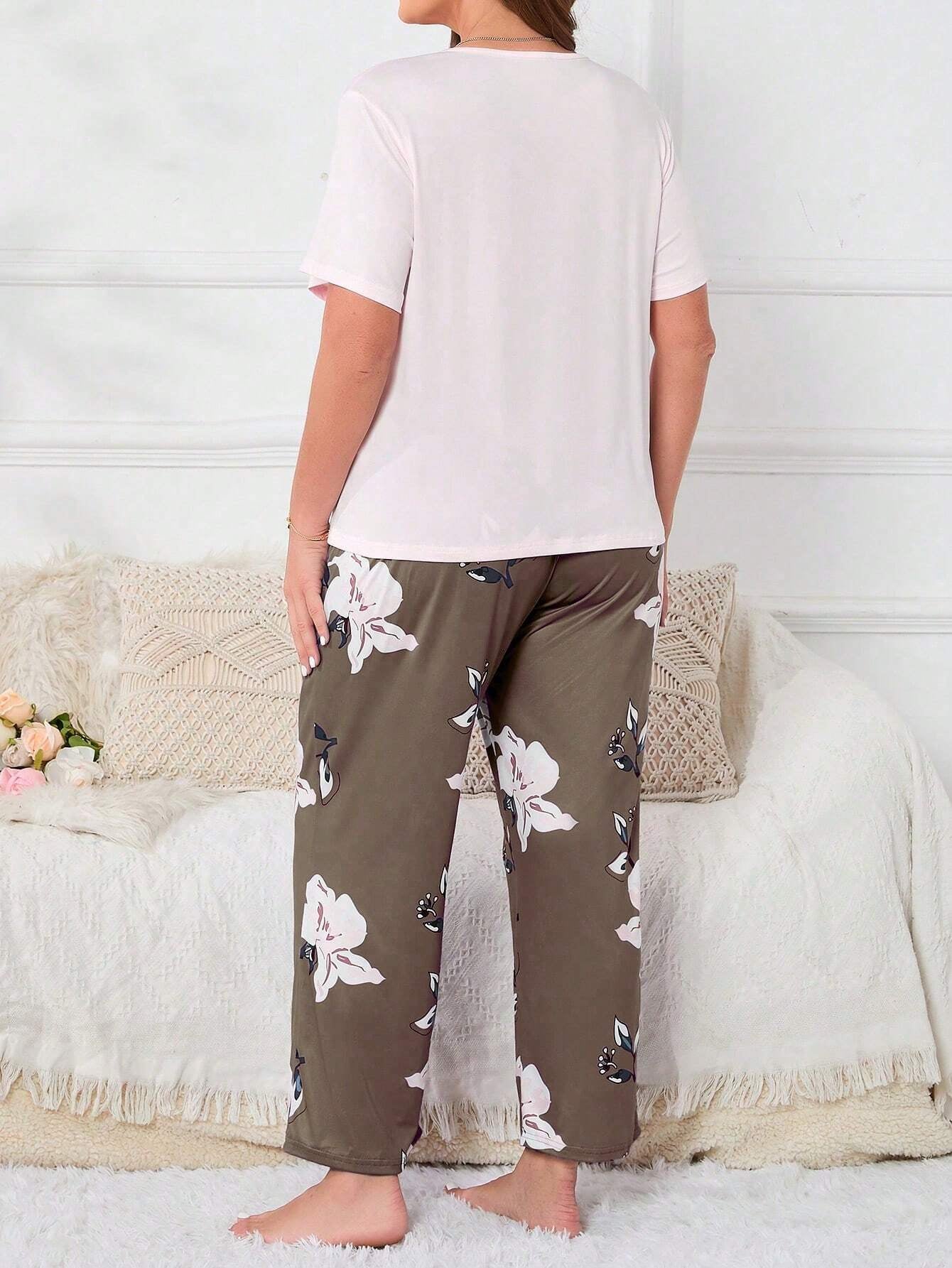 Plus Size Flower Print Pajama Set