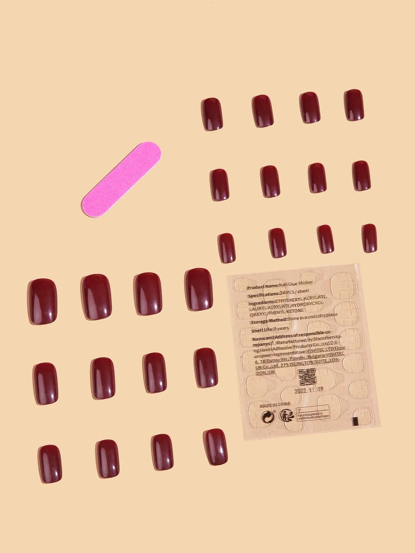 Transform Your Nails with 24Pcs Short Square Burgundy Glossy Solid Fake Nail & 1Sheet Tape & 1Pc Nail File