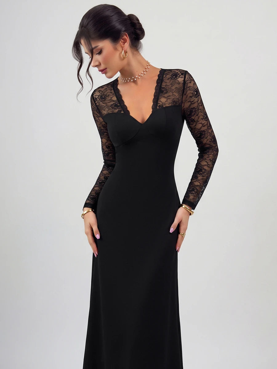SHEIN Firerie فستان أسود بتفاصيل دانتيل وأكمام طويلة