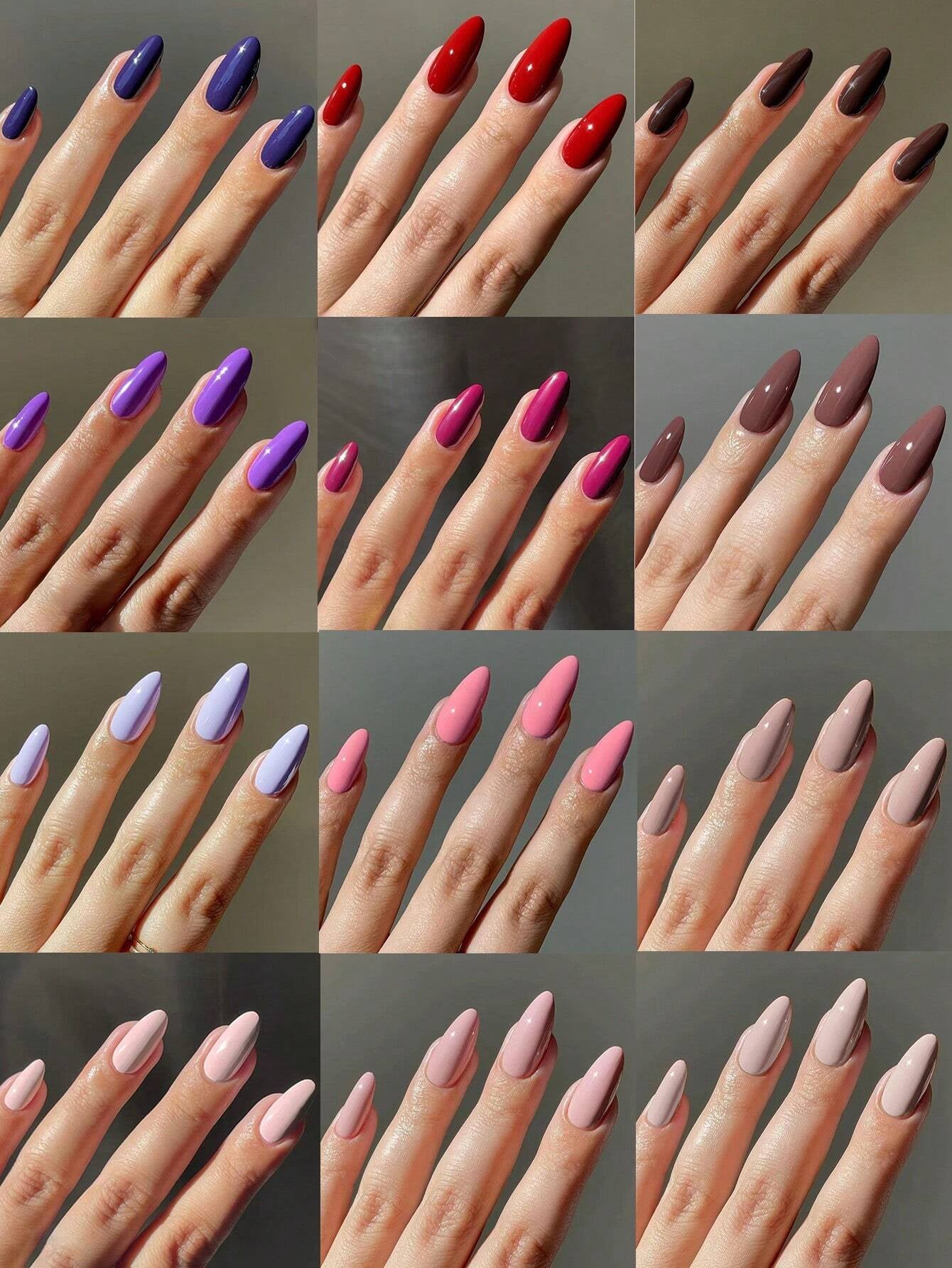 288Pcs(Mixed 12Colors) Long Almond Press on Nails Acrylic Medium Fake Nails Full Cover Solid Colors French Designs Shiny Glue on Nails False Nail as Gifts for Women and Girls with Storage Box