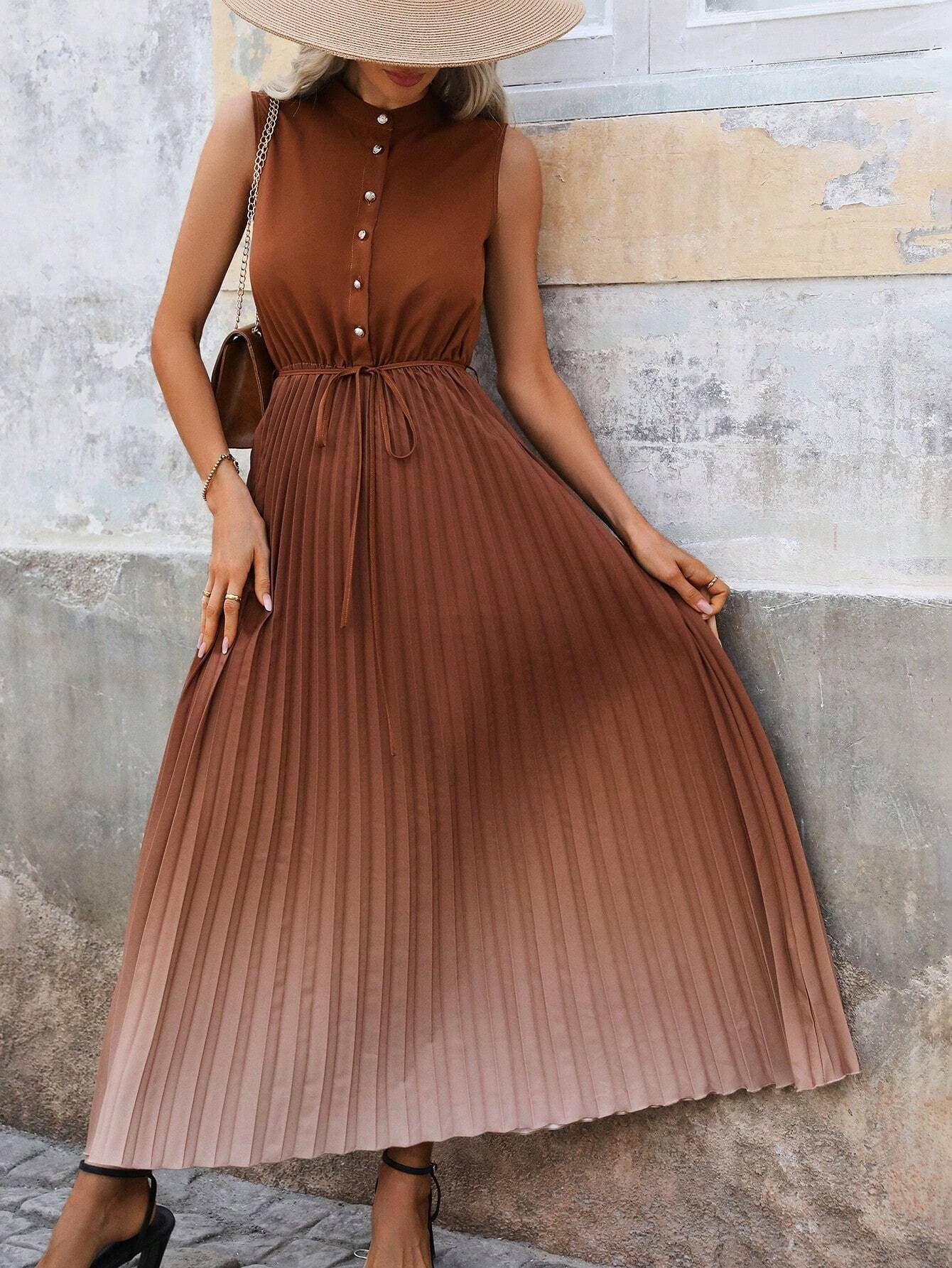 Clasi Gradient Pleated Sleeveless Shirt Dress without Waist Belt